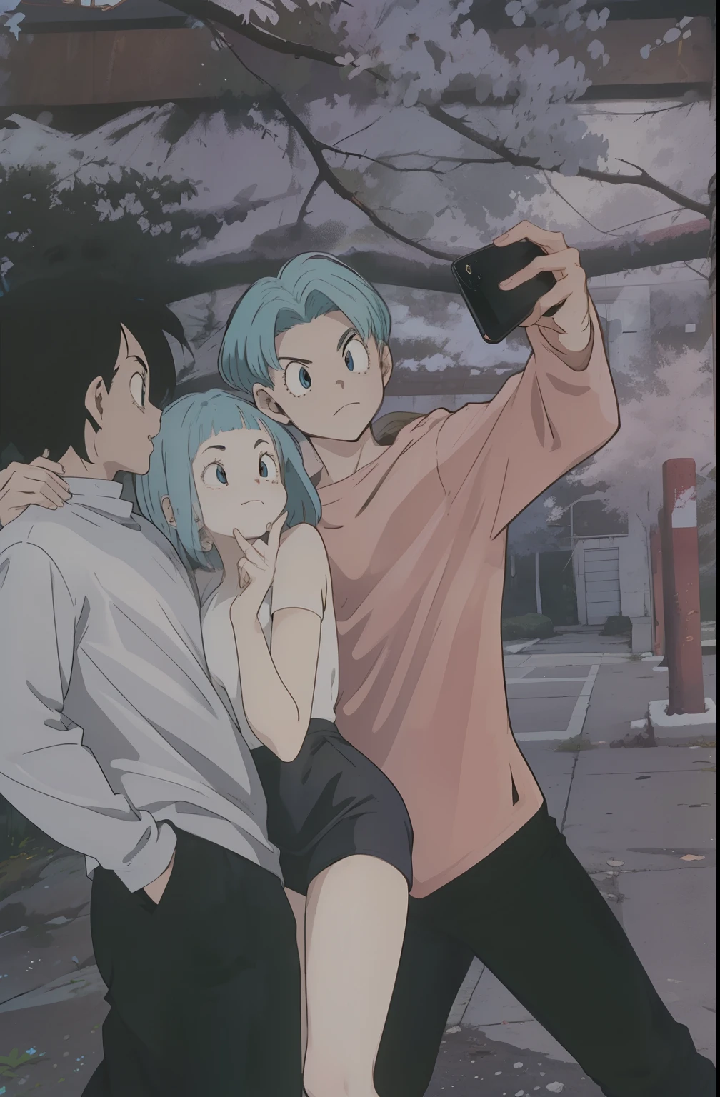 Three Dragon Ball characters posing for a selfie with a cherry tree in the background, 2men, 1 girl