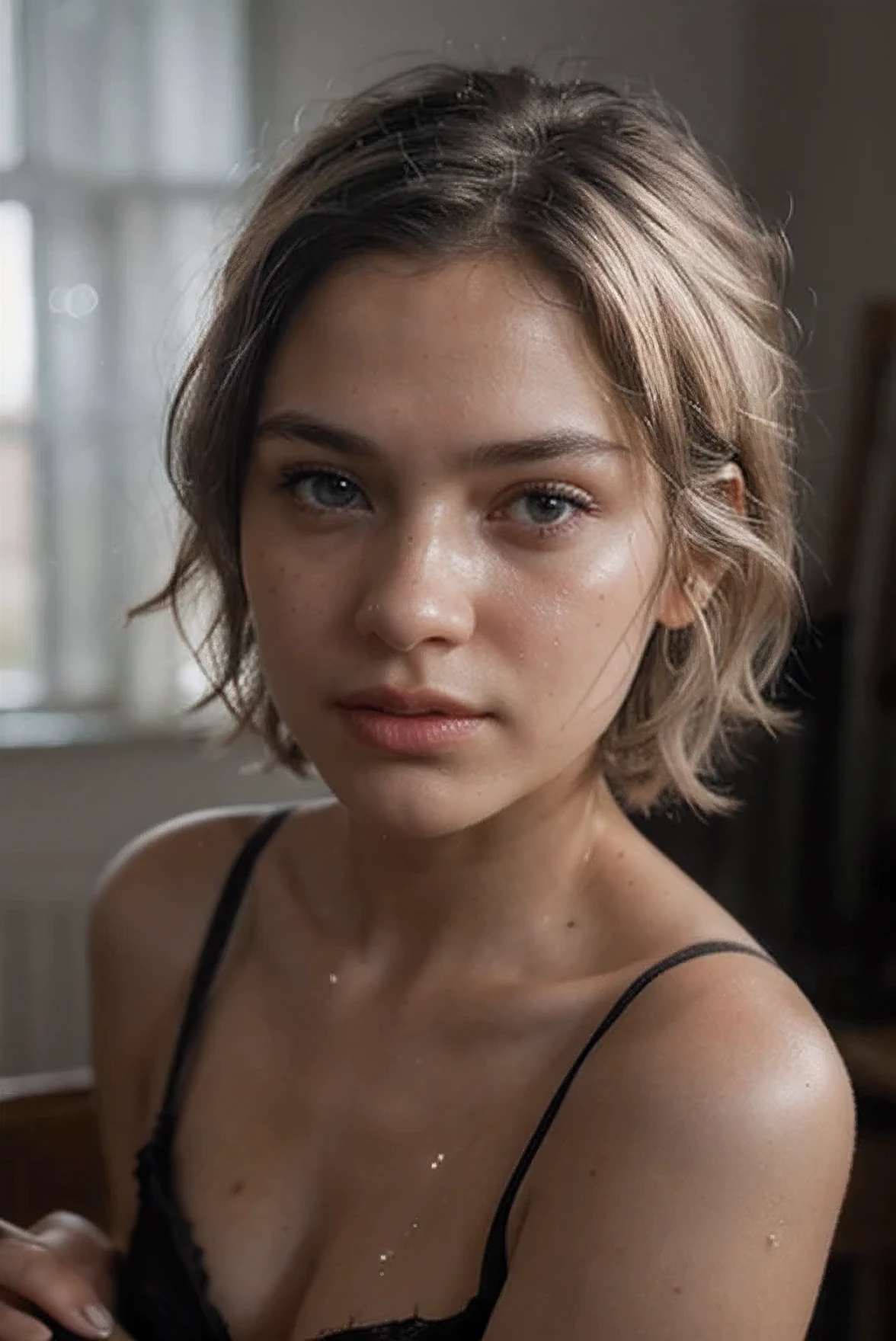 una foto de una chica, pelo blanco, cabello negro brillante, light brown eyes, brillar en sus ojos, ultra-realista, texturas detalladas, imperfecciones en la piel de la cara, bolsa ligeramente debajo del ojo, small pores on the skin and spots on the face , Dramatic, cinematographic, trazado de rayos, sin ropa ni lenceria roja, Photography, Insensitive 1920s Bungalow, Bathed in shadows, Visual novel, Esperanzado, luz de sol, film grain, piel finamente detallada, edge lighting, harsh lighting, ((hasselblad Photographyy)) (8K, 16k, hd, digital slr camera), (foto cruda:1.2), (Mejor calidad:1.4), (Alta calidad:1.4), (Obra maestra:1.2) , (realista:1.3), (photo-realista:1.4), ultra detallado, (granoso:0.4)