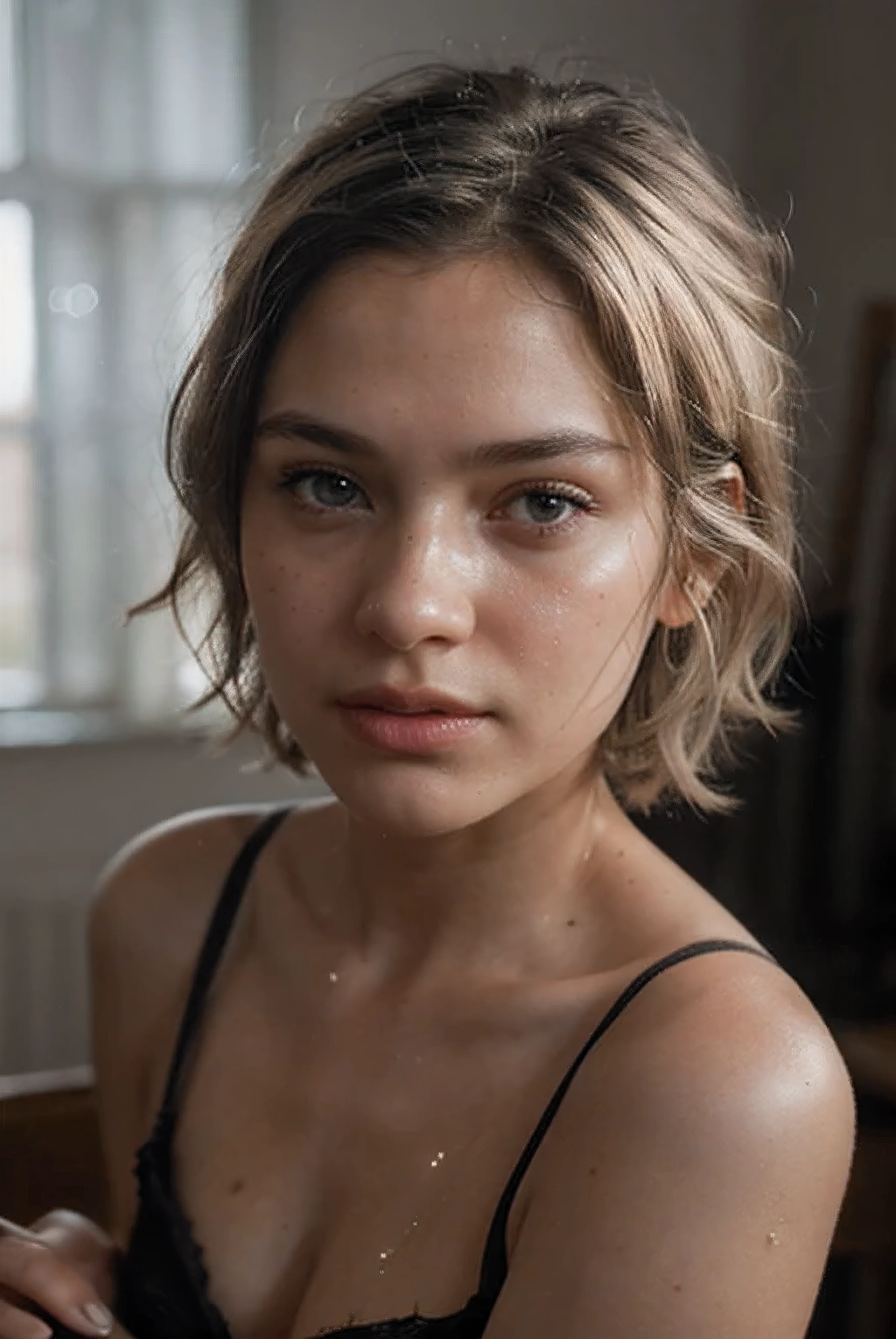 una foto de una chica, pelo blanco, cabello negro brillante, light brown eyes, brillar en sus ojos, ultra-realista, texturas detalladas, imperfecciones en la piel de la cara, bolsa ligeramente debajo del ojo, small pores on the skin and spots on the face , Dramatic, cinematographic, trazado de rayos, sin ropa ni lenceria roja, Photography, Insensitive 1920s Bungalow, Bathed in shadows, Visual novel, Esperanzado, luz de sol, film grain, piel finamente detallada, edge lighting, harsh lighting, ((hasselblad Photographyy)) (8K, 16k, hd, digital slr camera), (foto cruda:1.2), (Mejor calidad:1.4), (alta calidad:1.4), (Obra maestra:1.2) , (realista:1.3), (photo-realista:1.4), ultra detallado, (granoso:0.4)