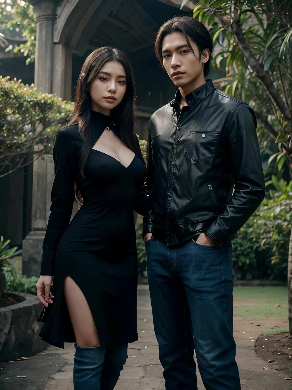 a man and a woman standing next to each other in a Fantasy World Park in indonesia, an image, inspired by Adam Dario Keel, which is trending in the cg community, beautiful young Korean woman dressed in black party dress, jeans, movie screencap, model Elisahes from aquamodels