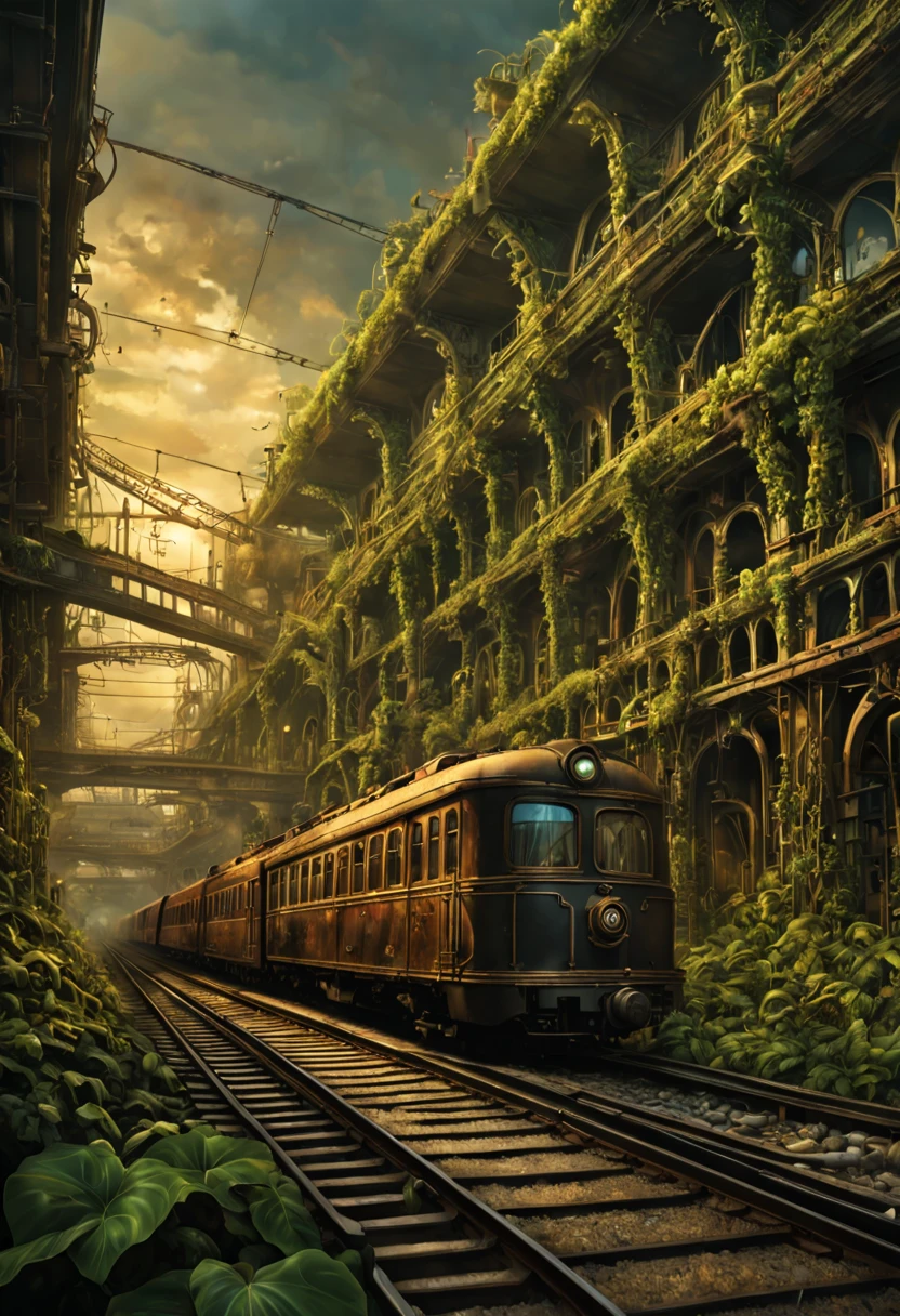Train Station, aesthetic, steampunk derelict trains, railroads, stacked on top of each other in the jungle, covered with vines, plants, cogs, gears; epic lighting, cinematic, brilliant, stunning, intricate, meticulous, dramatic, atmospheric, maximalist, digital matte painting, mysterious, ominous, crepuscule, Moebius, golden hours