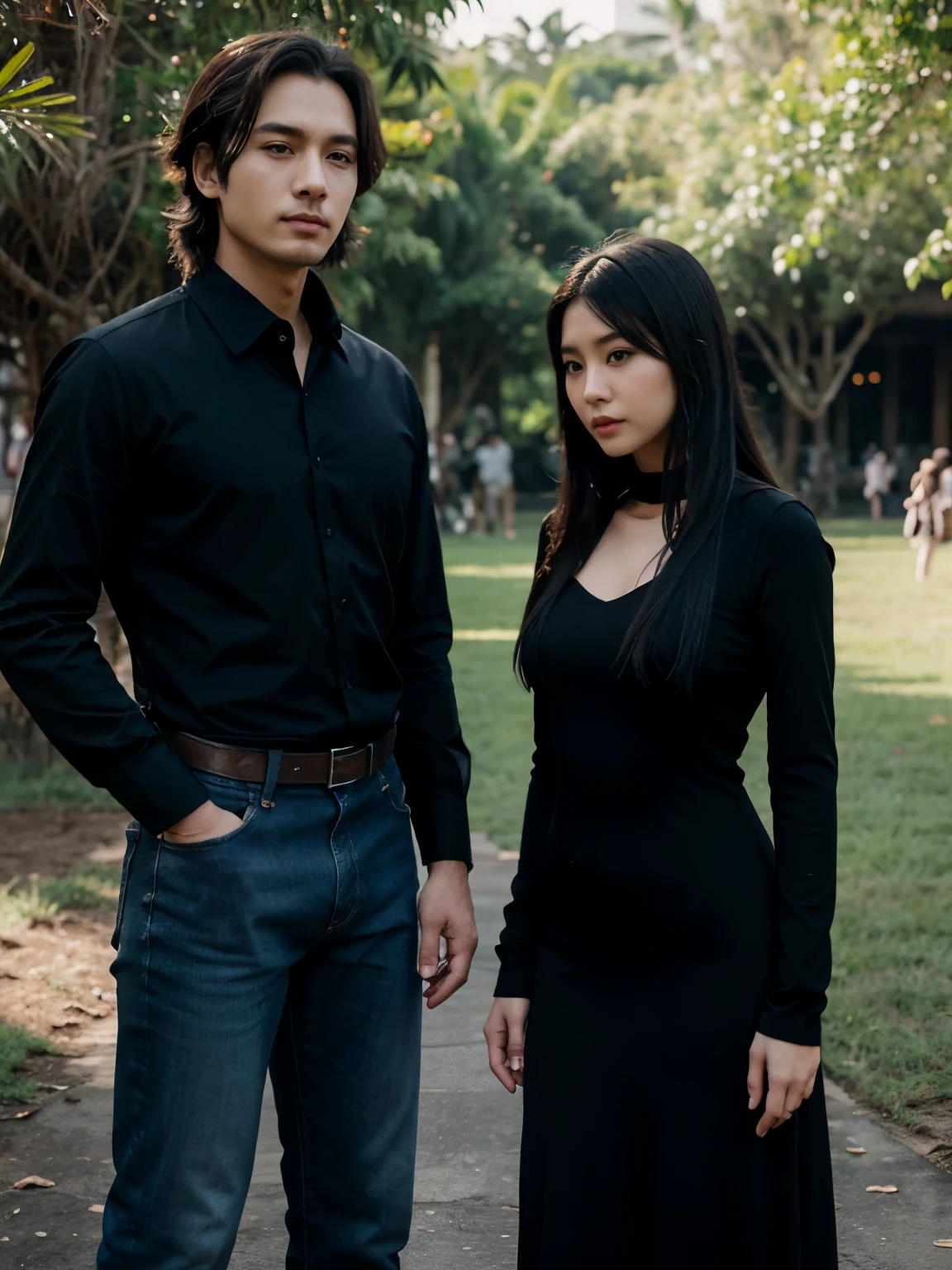 a man and a woman standing next to each other in a Fantasy World Park in indonesia, an image, inspired by Adam Dario Keel, which is trending in the cg community, beautiful young Korean woman dressed in black party dress, jeans, movie screencap, model Elisahes from aquamodels