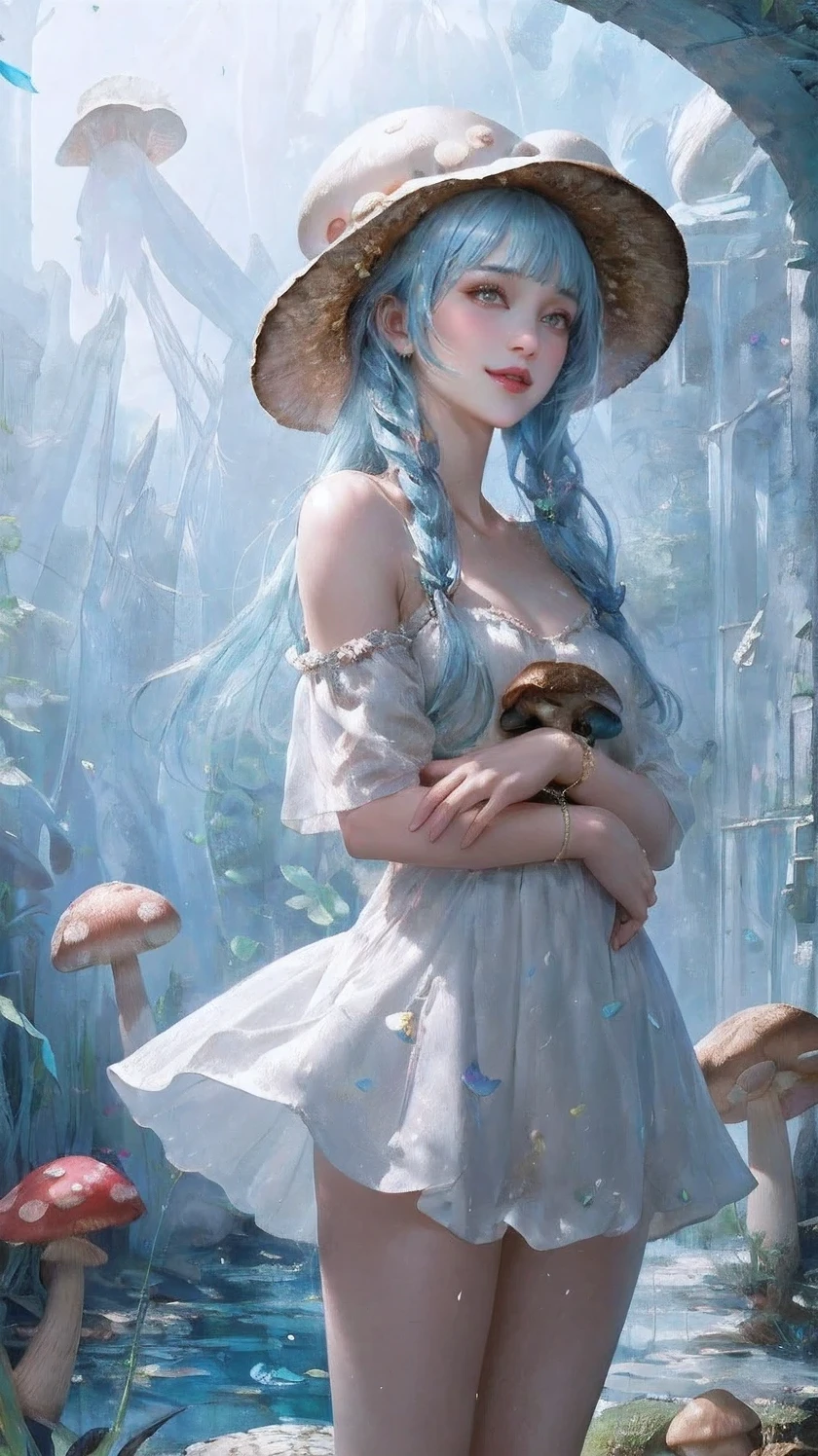 (masterpiece), (best quality), illustration, ultra detailed, hdr, Depth of field, (colorful), li,1girl,bare shoulders,cold theme,broken glass,broken wall,aqua theme,white hair,blinking,white dress,closed mouth,constel lation,flat color,braid,blinking,white robe,float,closed mouth,constel lation,flat color,looking up,standing,medium hair,standing,solo,In the mushroom forest,wearing (mushroom hats:1.3),big mushroom hats,spotted mushroom hats,lots of white spots,