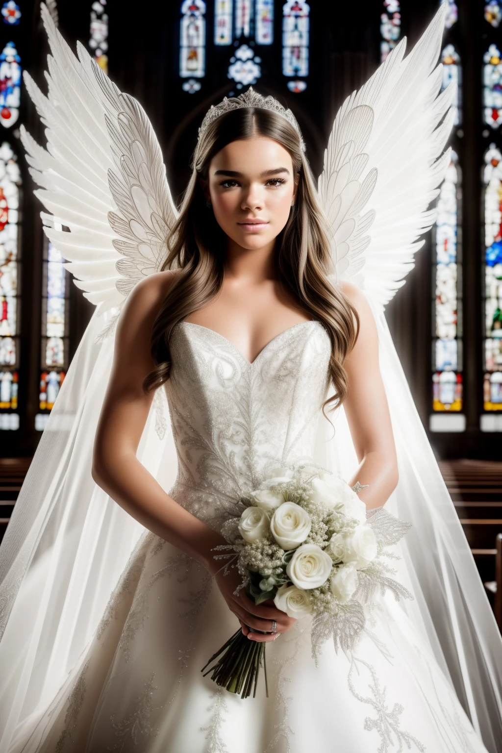 (RAW style, masterpiece, best quality, ultra-detailed), Hailee Steinfeld walking down the church aisle, EXTREMELY BEAUTIFUL shimmering silver and white twinkling wedding gown, EXTREMELY LARGE angel wings, holding a BOUQUET OF LIGHT, ethereal beauty, radiant face, expression of pure joy, holy sanctuary, stained glass windows, warm cinematic light, diffused softboxes, ultra high res, (skin texture: 1.1, intricate pores and fine lines), film grain textures, EXTREMELY DETAILED Angel wings with feathers that glisten and catch