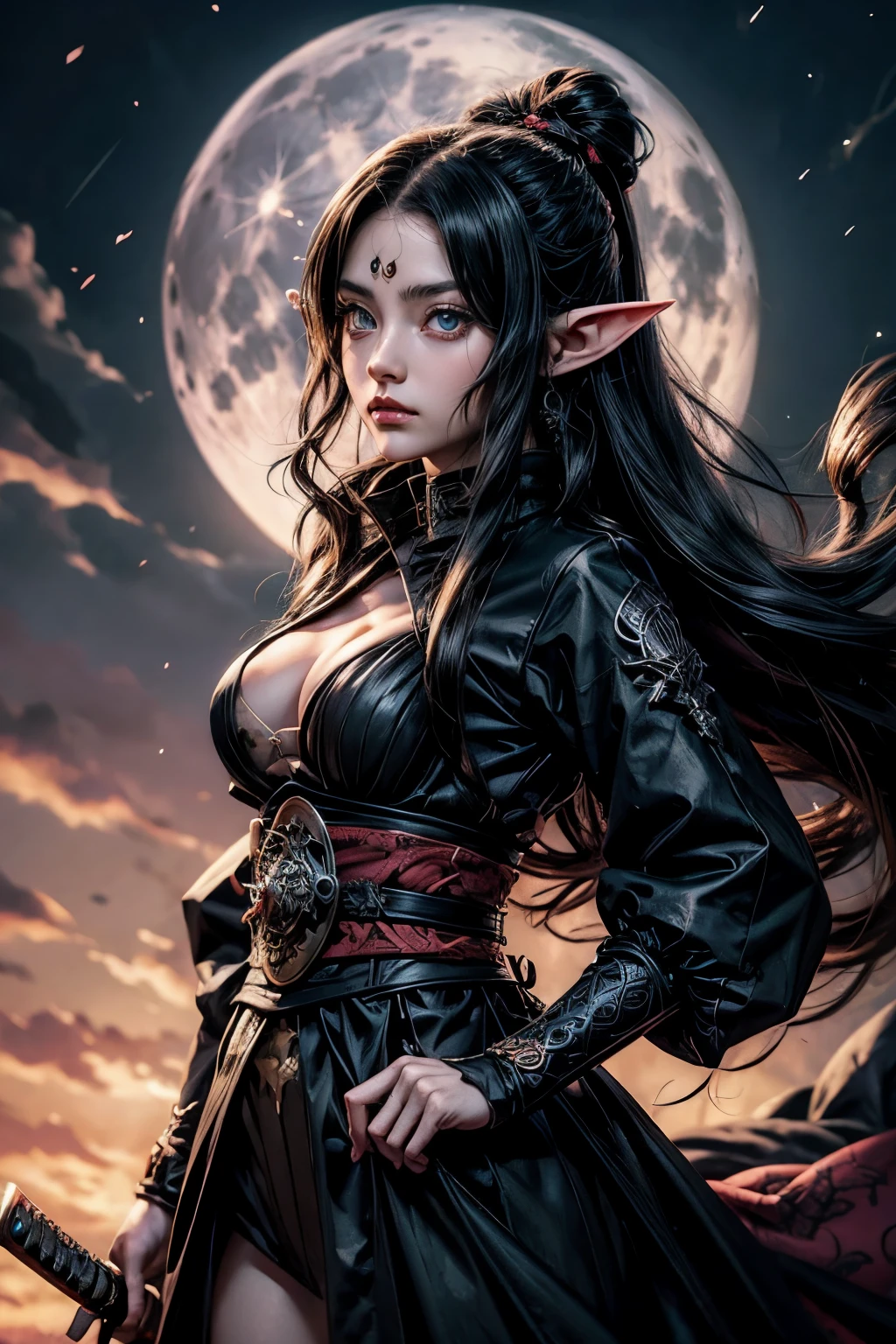 Anime elf woman, detailed face, detailed eyes, with long hair holding a sword in front of a full moon, cute face in Demon Slayer art, Kimetsu no Yaiba, inspired by Demon Slayer, Yoriichi Tsugikuni, Demon Slayer Artstyle