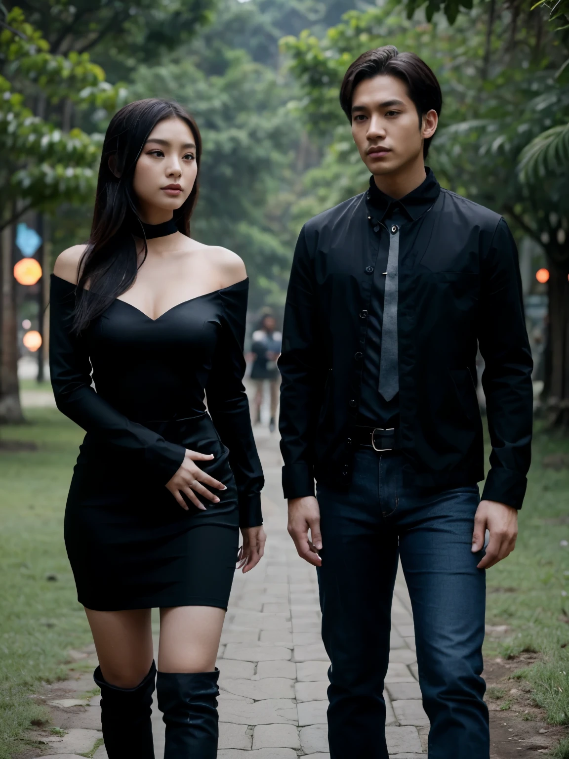 a man and a woman standing next to each other in a Fantasy World Park in indonesia, an image, inspired by Adam Dario Keel, which is trending in the cg community, beautiful young Korean woman dressed in black party dress, jeans, movie screencap, model Elisahes from aquamodels