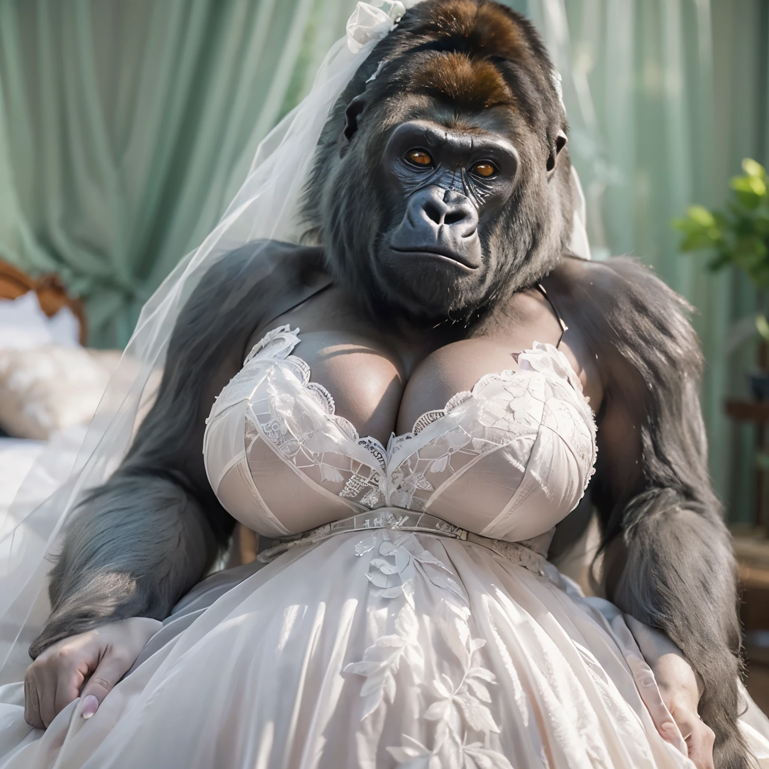 ((gorilla)), ((mega breasts)),((wearing wedding dress)) //(breast squeeze:1.3), (chubby:1.2), Photo realistic, High resolution, detailed background, detailed beautiful skin, detailed nose, (solo shot:1.23), (((nice hand, perfect hand))), clear eyes,//bedroom
