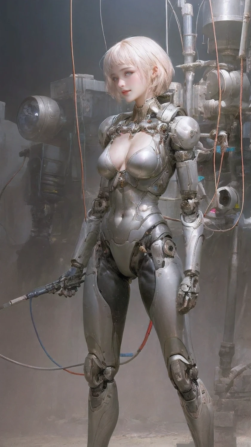 Masterpiece, high-quality, 1girl, solo, breasts, standing, full body, no humans, robot, smoke, science fiction, android, joints, cable, robot joints, mechanical parts, wire, humanoid robot, tube