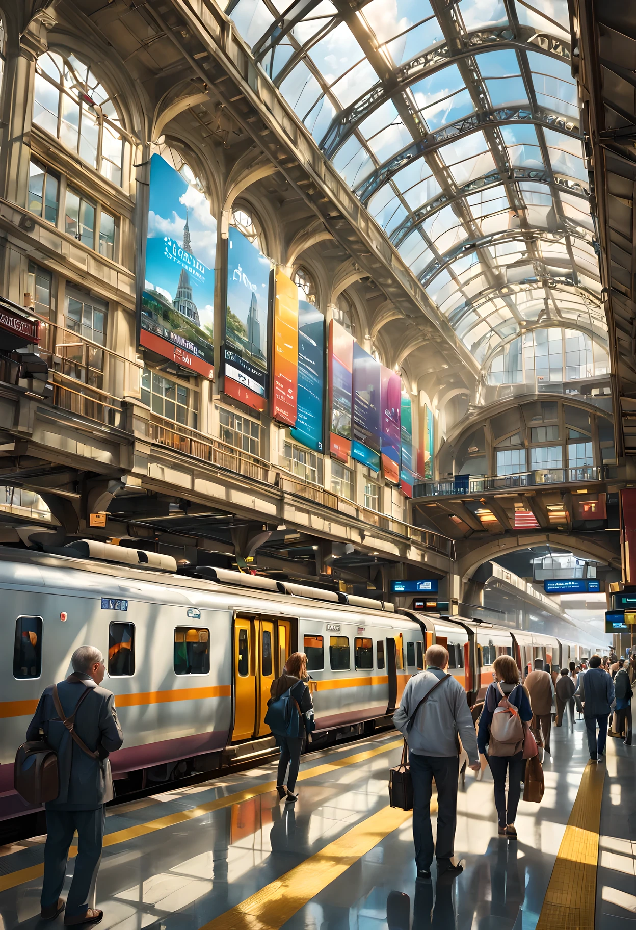 bustling train station,With soaring glass ceilings and busy platforms (best quality, high-rise building: 1.2) Crowded with people and luggage, (Energetic, bright colors) Filled with colorful signs and ads, (Natural light) pouring in from the window, (actual, actual: 1.37) Show architectural details and reflections on the floor, (wide angle) Capturing the grandeur of the station, (rolling steam) train departing from, (digital information board) Show train timetable and platform, (train track) Bend and intersect, (architectural marvel) Combining beauty and functionality.