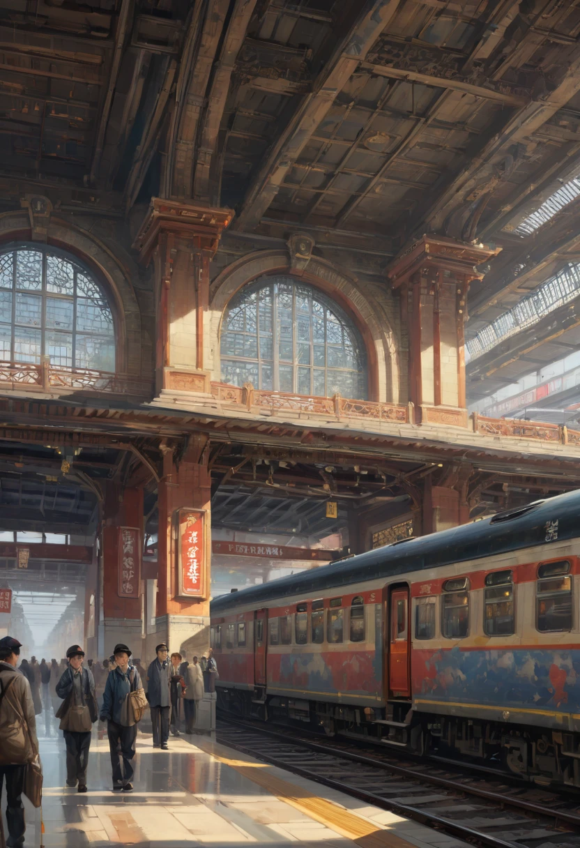 Train Station by wu daozi, best quality, masterpiece, Representative work, official art, Professional, Ultra intricate detailed, 8k