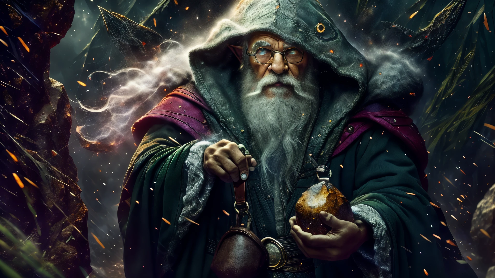 (master piece), 8k, best quality, panoramic view, hooded, Elf, old man, male, wizard, big white beard, pointy ears, blue eyes. Standing 1.60 meters tall, wearing a dark green robe, a leather belt and a magic bag, talking, handing over a small bag with a salt stone