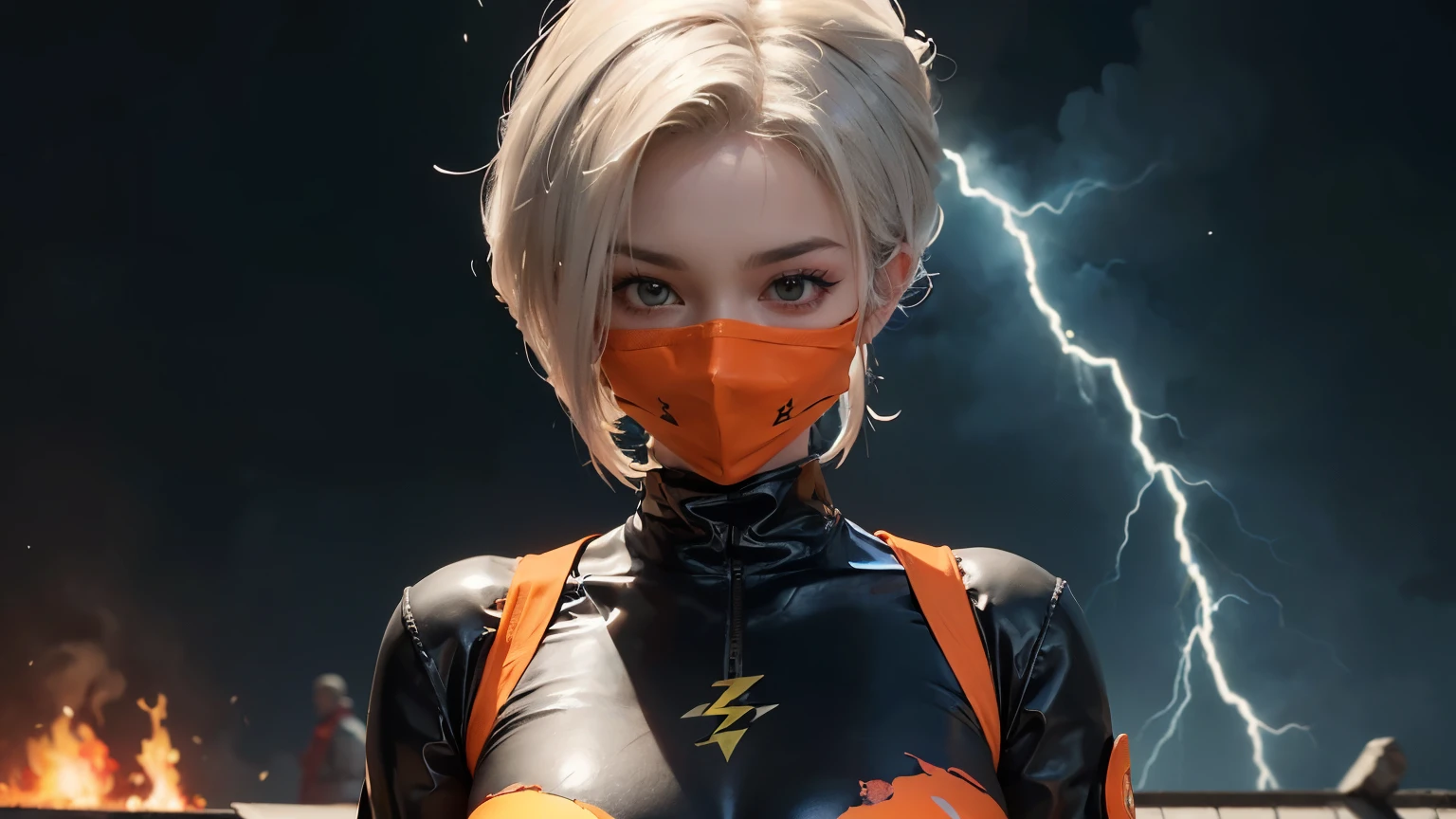 ((best quality)), ((masterpiece)), (detailed), perfect face, ((best quality)), ((masterpiece)), (detailed), Big tits girl, dragonball style, energie aura around a girl, goku, dragon ball, orange clothes,((power)), angry, energie, super powered, ((stocking)), ((wearing orange mask)), ((volt energie around the girl)), ((sexy)), more fire, ((more dragon balls)) ,(lightning), big  on focus, (posing with her ) dragon balls, (((android 18 character))), white hair, very sexy, erotic, (her clothes are very torn), she is looking at a dragon ball