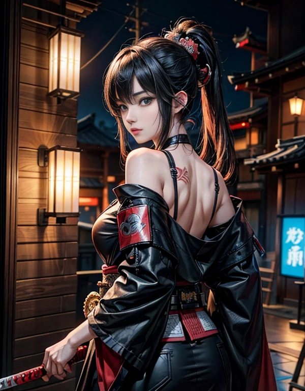 anime - style woman with a dragon tattoo on her back, inspired by Kanō Hōgai, very beautiful cyberpunk samurai, traditional japanese concept art, katanas strapped to her back, artwork in the style of guweiz, by Yang J, female samurai, japanese warrior, feudal japan art, katana, cyberpunk samurai, katana zero video game character