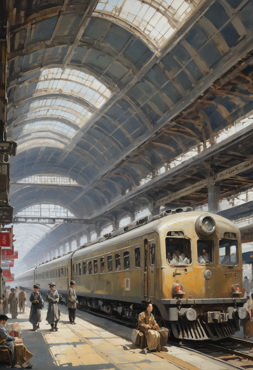 Train Station by xu beihong, best quality, masterpiece, Representative work, official art, Professional, Ultra intricate detailed, 8k