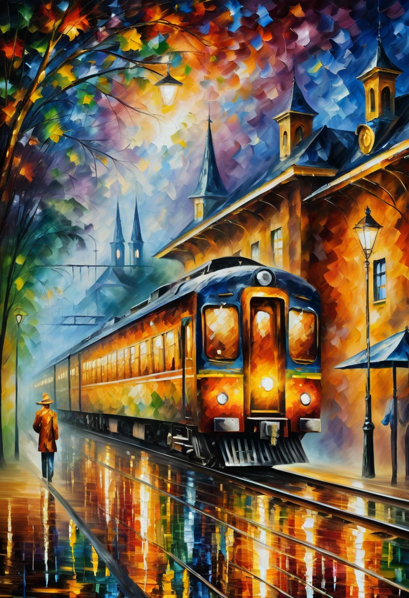 Train Station by Leonid Afremov, best quality, masterpiece, Representative work, official art, Professional, Ultra intricate detailed, 8k