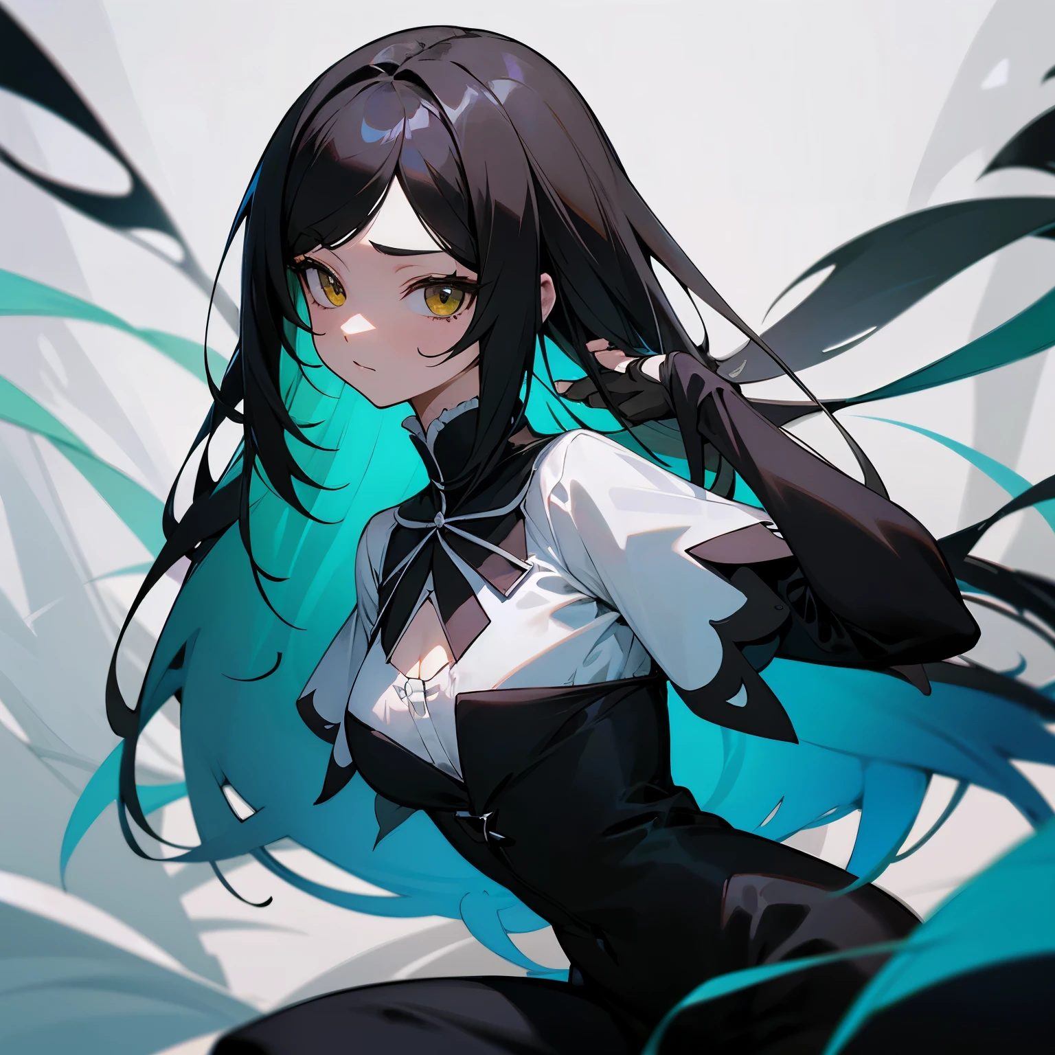 Color blanca chica anime con cabello negro medio largo y con una coleta en el cabello y unos ciernos negros con piedritas con alas negras de mursielago y sin cara con una camisa tipo corsel negra y unas mallas rotas negras