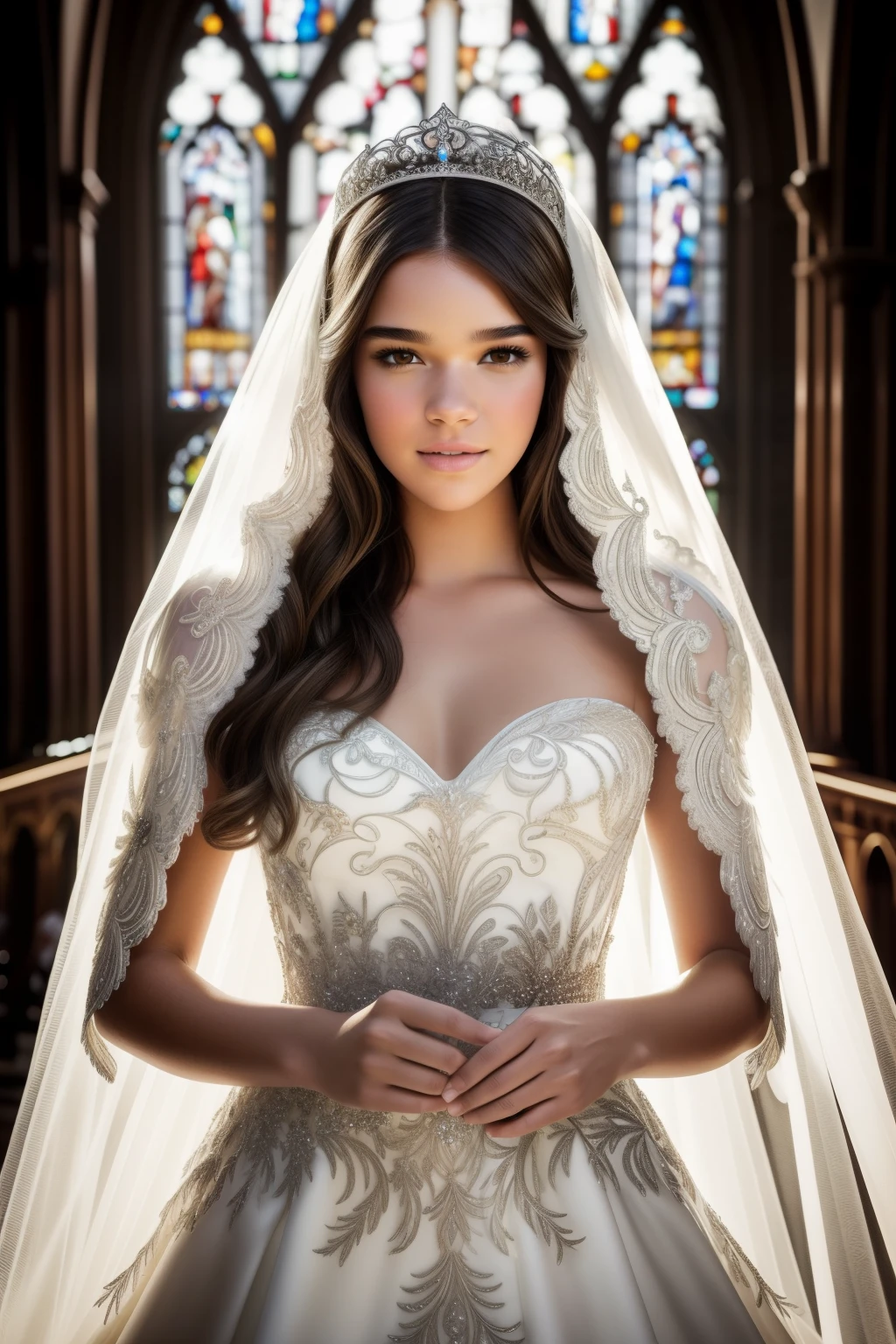 (RAW style, masterpiece, best quality, ultra-detailed), Hailee Steinfeld walking down the church aisle, extremely beautiful shimmering wedding gown, twinkling silver and white, see-through fabric revealing exquisitely large angel wings, ball of pure light in hand, cheery and radiant expression, ethereal and heavenly atmosphere, crystal cathedral, stained glass windows, sunbeams filtering in, film grain, analog textures, cinematic light, top light, ultra high resolution, intricately detailed feathers, glowing aura, soothing color palette, vibrant and bright accents, hyperrealistic rendering, high contrast, detailed skin texture