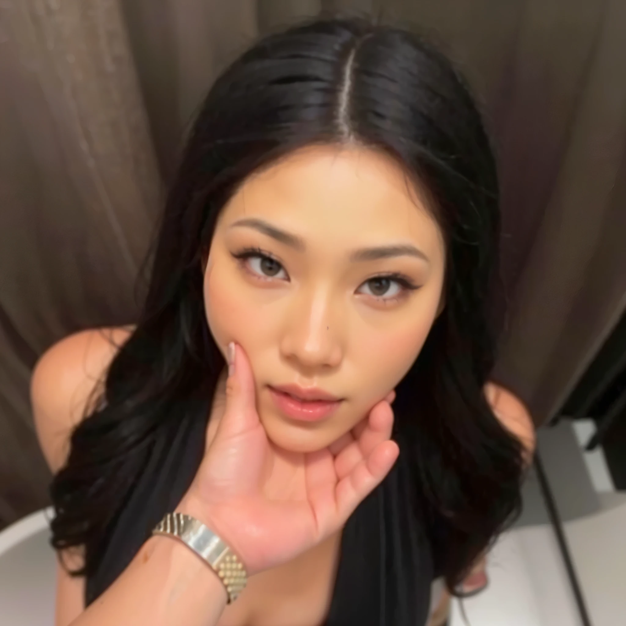 un primer plano de una mujer con cabello largo y negro posando para una foto, she is in front of the camera, asian guy, asian features, una Asian woman, xisionwu, Asian woman, foto de perfil, cara sexy con maquillaje completo, looking directly at the camera, mostrando su cara, half asian, gema chen, hermosa sastre de jade femenina, modelo de instagram, looking directly at the camera