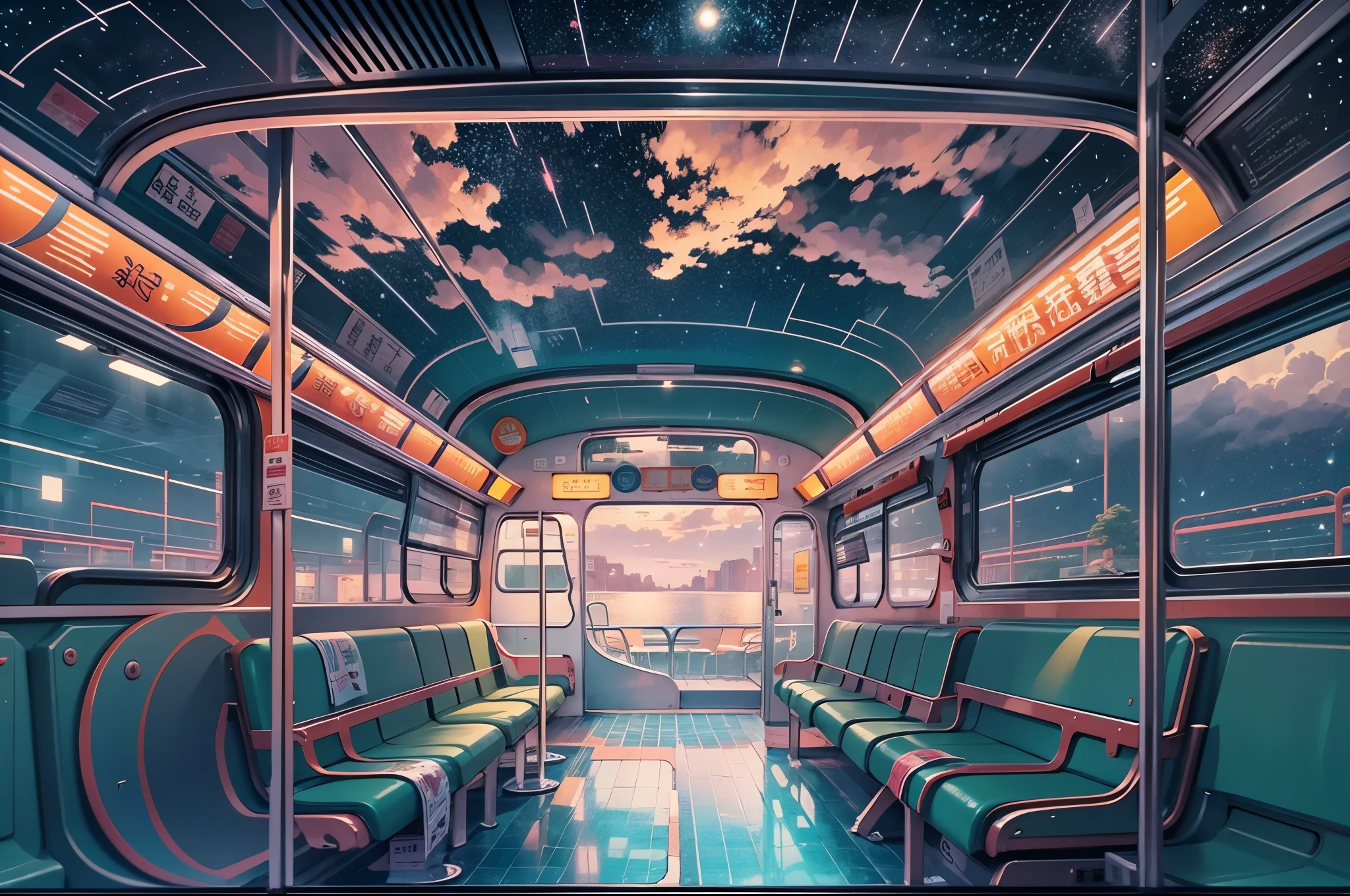 bus stop，comics， bright starry sky. Romantic bus passing through body of water on road，high saturation，Bright colors， Xin Haicheng&#39;s pictures, pure, concept art, Lofi Art style, reflection. author：Xin Haicheng, Lofi Art, Beautiful anime scene, anime scenery, Detailed Landscape—Width 672, Xin Haicheng&#39;s style, Xin Haicheng的風格, Enhance details.