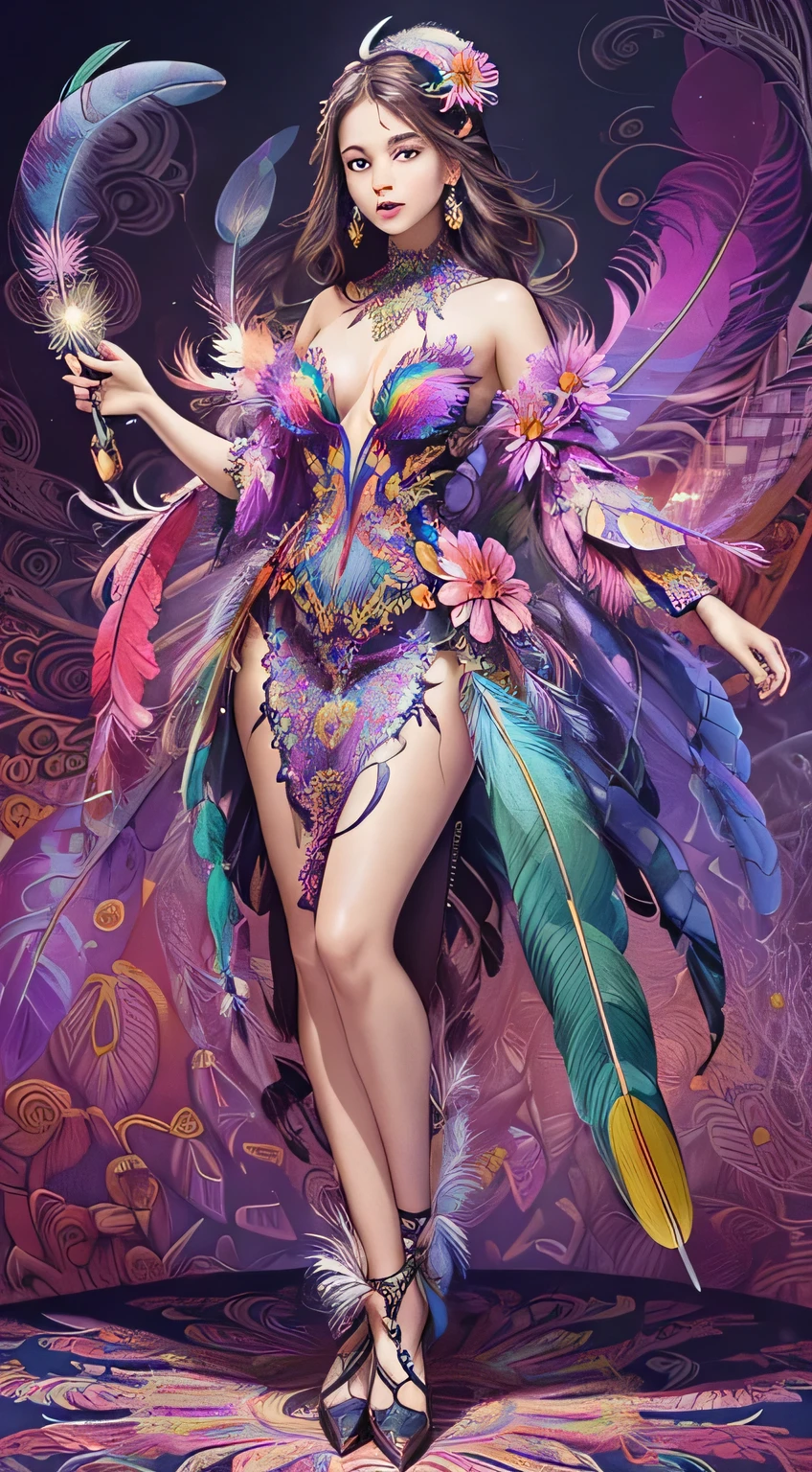 (masterpiece, top quality, best quality, official art, beautiful and aesthetic:1.2), (1girl:1.3), extremely detailed,(fractal art:1.1),(colorful:1.1)(flowers:1.3),highest detailed,(zentangle:1.2), full body, (abstract background:1.3), (shiny skin), (many colors:1.4), ,(earrings), (feathers:1.5),