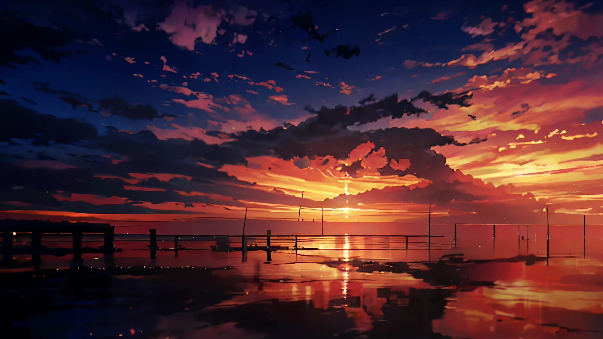 Anime - sunset on the ocean between clouds and an ancient shipwrecked pirate vessel. Obra por makoto shinkai. ((Obra-prima)), ((melhor qualidade)), ((8k)), ((full hd)).