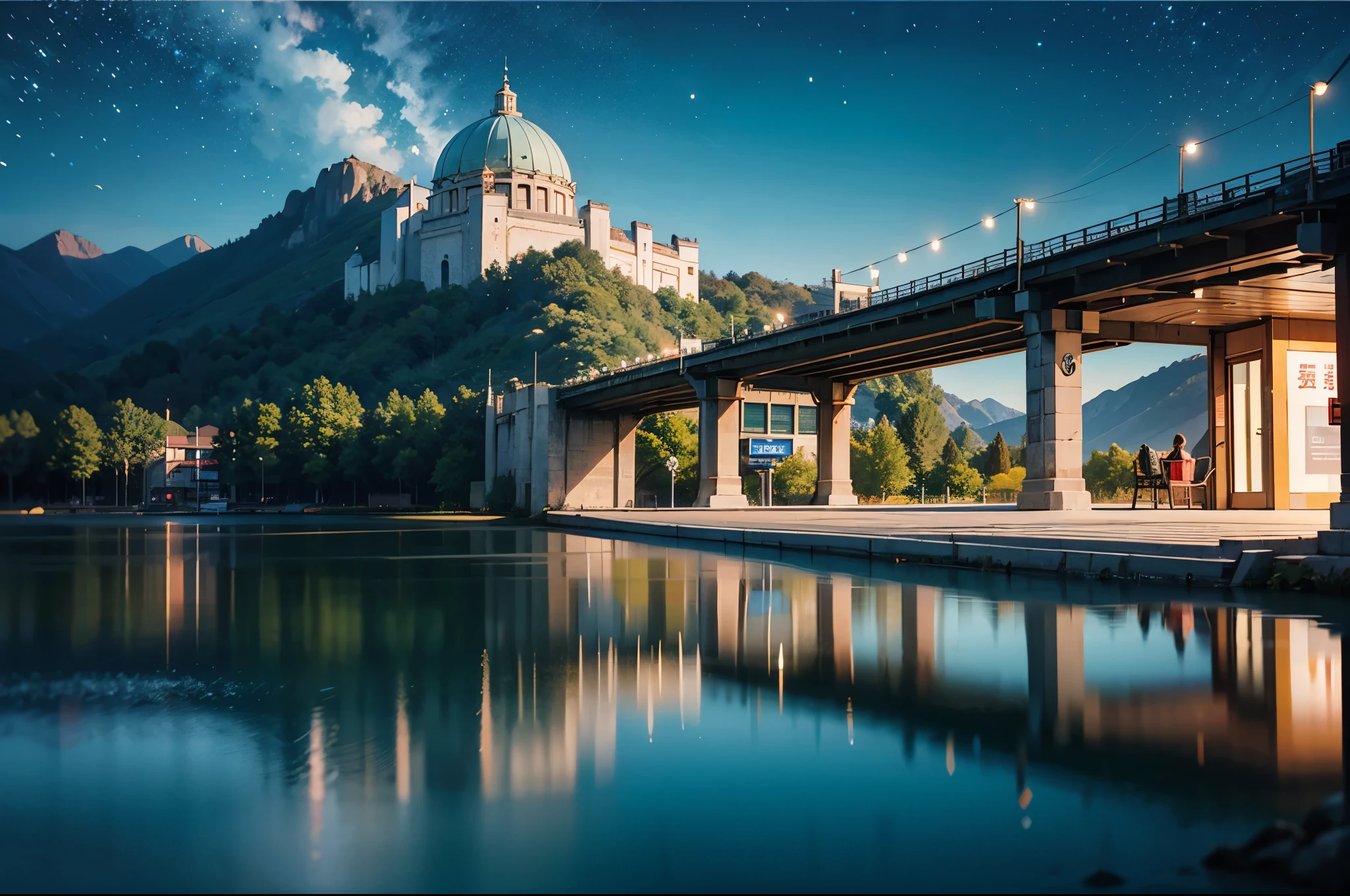bus stop，comics， bright starry sky. Romantic bus passing through body of water on road，high saturation，Bright colors， Xin Haicheng&#39;s pictures, pure, concept art, Lofi Art style, reflection. author：Xin Haicheng, Lofi Art, Beautiful anime scene, anime scenery, Detailed Landscape—Width 672, Xin Haicheng&#39;s style, Xin Haicheng的風格, Enhance details.