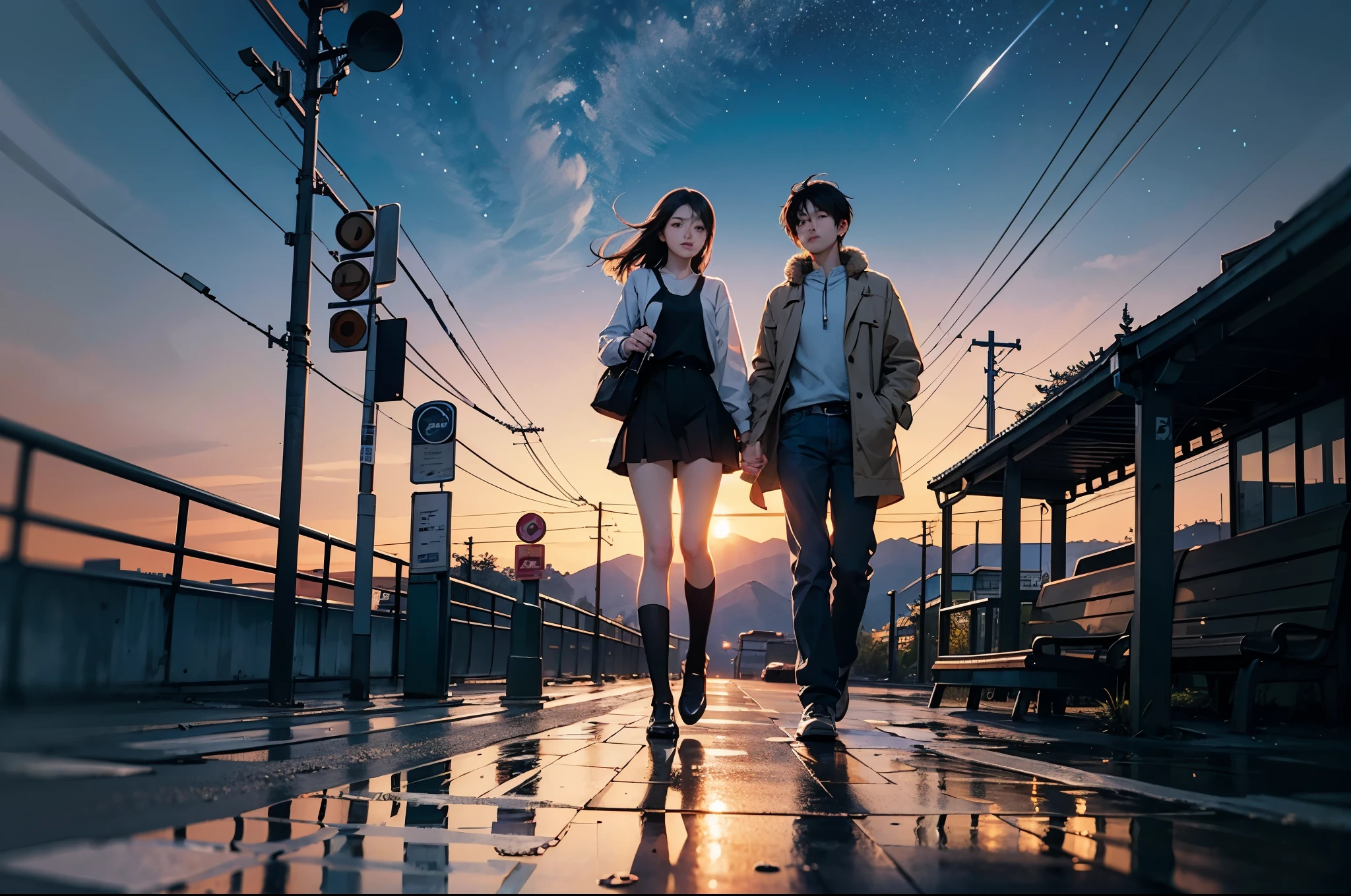 bus stop,comics, bright starry sky. Romantic bus passing through body of water on road,high saturation,Bright colors, Xin Haicheng's pictures, pure, concept art, Lofi Art style, reflection. author:Xin Haicheng, Lofi Art, Beautiful anime scene, anime scenery, Detailed Landscape—Width 672, Xin Haicheng's style, Xin Haicheng的風格, Enhance details.