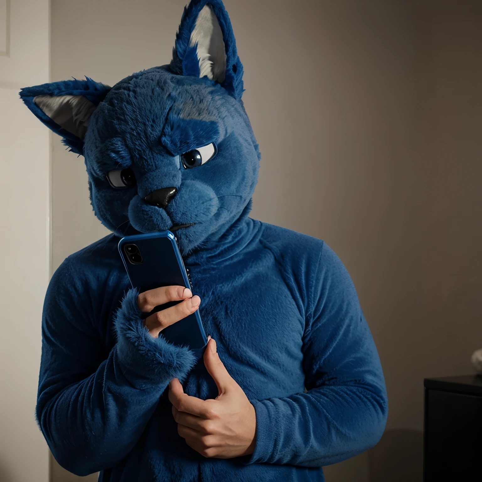 make a blue furry looking at his cell phone