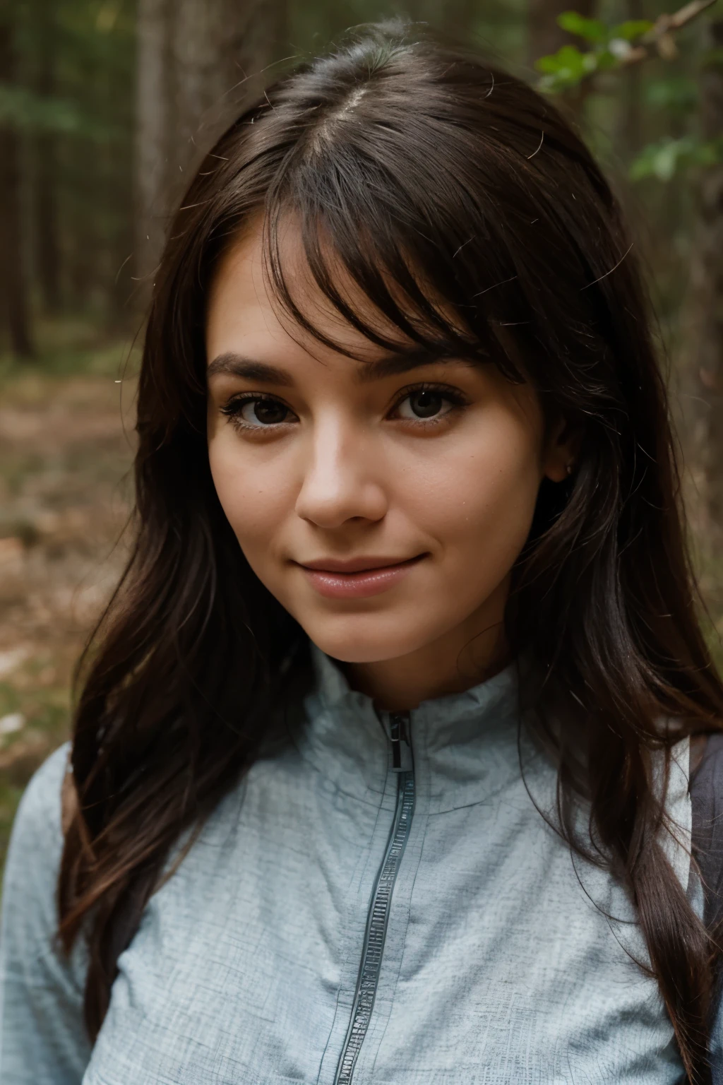 a perfect well-lit (closeup:1.15) (medium shot portrait:0.6) photograph of a beautiful woman standing on the hiking trail, wearing an intriguing outfit, looking at me, coy slight smile