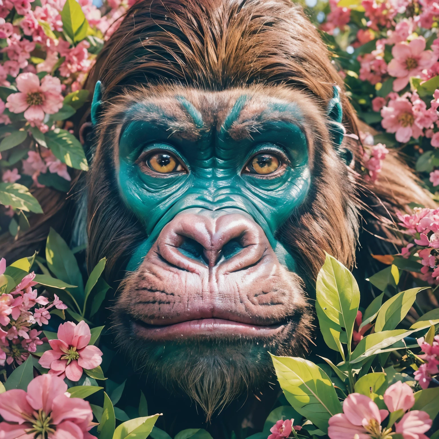 (giant pink gorilla,illustration),(best quality,highres:1.2),ultra-detailed,playful,strong,bright colors,pop art,exaggerated features,curved lines,soft shadows,fantasy scenery,lush vegetation,gorilla having fun,eye-catching,top view,surrounded by flowers,rich textures,gorilla with shiny fur,strong muscles,expressive eyes,open mouth,cheerful expression,lush green grass,beautiful sunny day,leafy trees towering above,clear blue sky,ethereal atmosphere