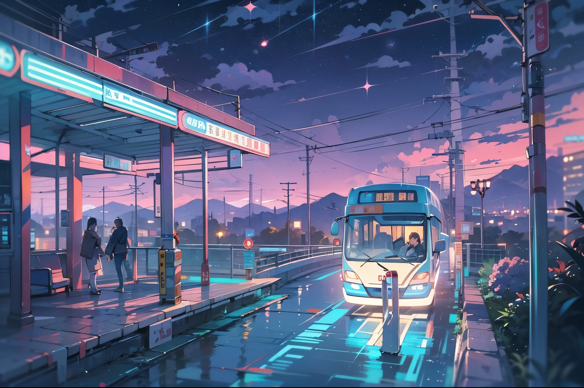 bus stop,comics, bright starry sky. Romantic bus passing through body of water on road,high saturation,Bright colors, Xin Haicheng's pictures, pure, concept art, Lofi Art style, reflection. author:Xin Haicheng, Lofi Art, Beautiful anime scene, anime scenery, Detailed Landscape—Width 672, Xin Haicheng's style, Xin Haicheng的風格, Enhance details.