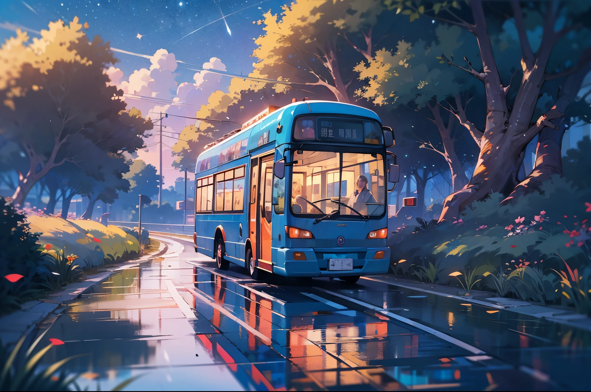 bus stop，comics， bright starry sky. Romantic bus passing through body of water on road，high saturation，Bright colors， Xin Haicheng&#39;s pictures, pure, concept art, Lofi Art style, reflection. author：Xin Haicheng, Lofi Art, Beautiful anime scene, anime scenery, Detailed Landscape—Width 672, Xin Haicheng&#39;s style, Xin Haicheng的風格, Enhance details.