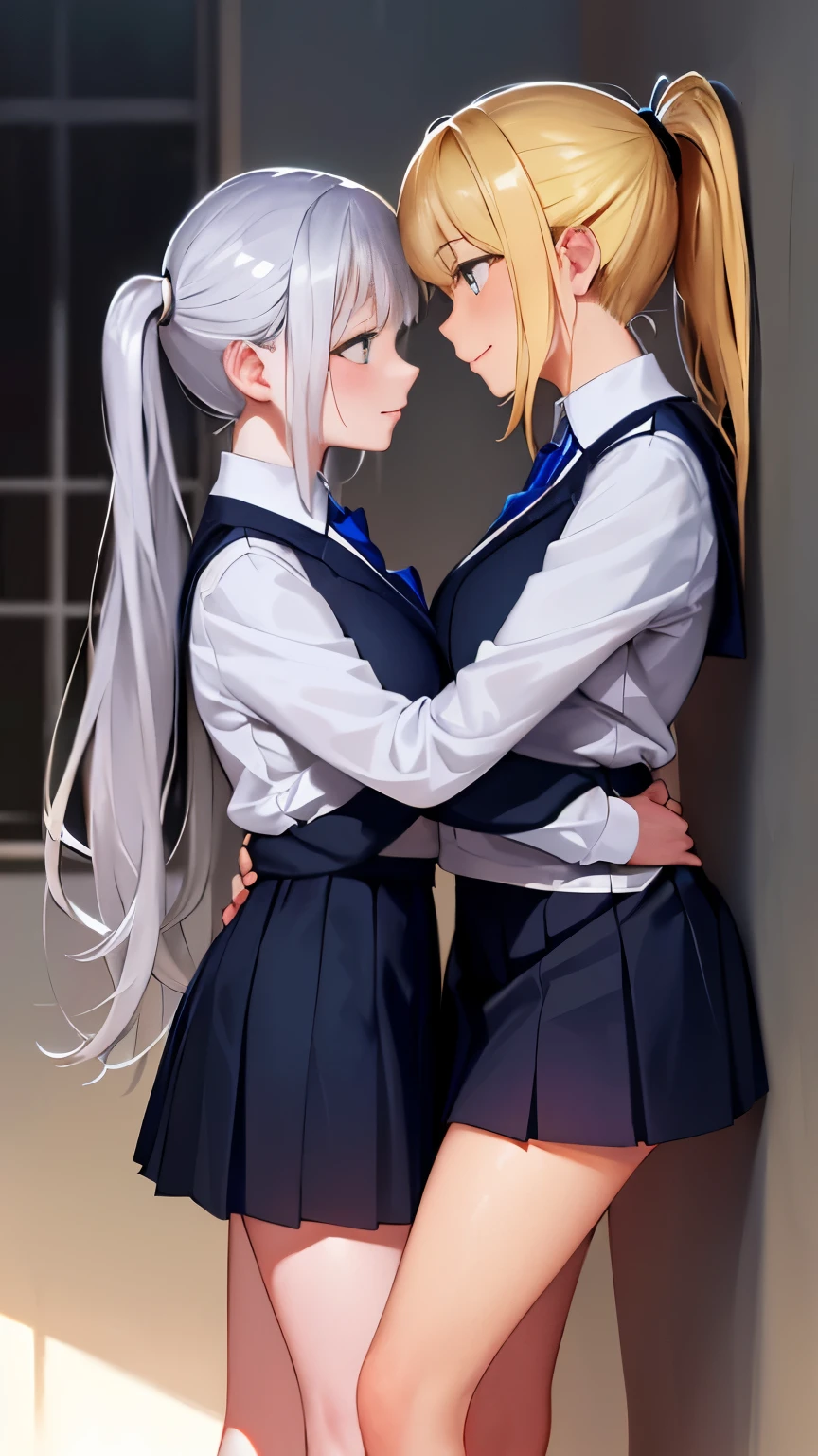 masterpiece, top quality, NSFW, 18+, 2 young girls in school uniforms, innocent yet curious, body movements revealing a hint of maturity,
((girl one, blonde hair in a ponytail, pinned against the wall with her arms above her head)), eyes wide with excitement,
((girl two, silver hair, holding girl one's waist with one hand)), lips parted in a seductive smile,(( lifting her skirt with the other hand)), both girls looking deeply into each other's eyes,
high resolution, realistically rendered textures, warm lighting casting shadows on their faces, a softly blurred background, the smell of adolescence in the air.