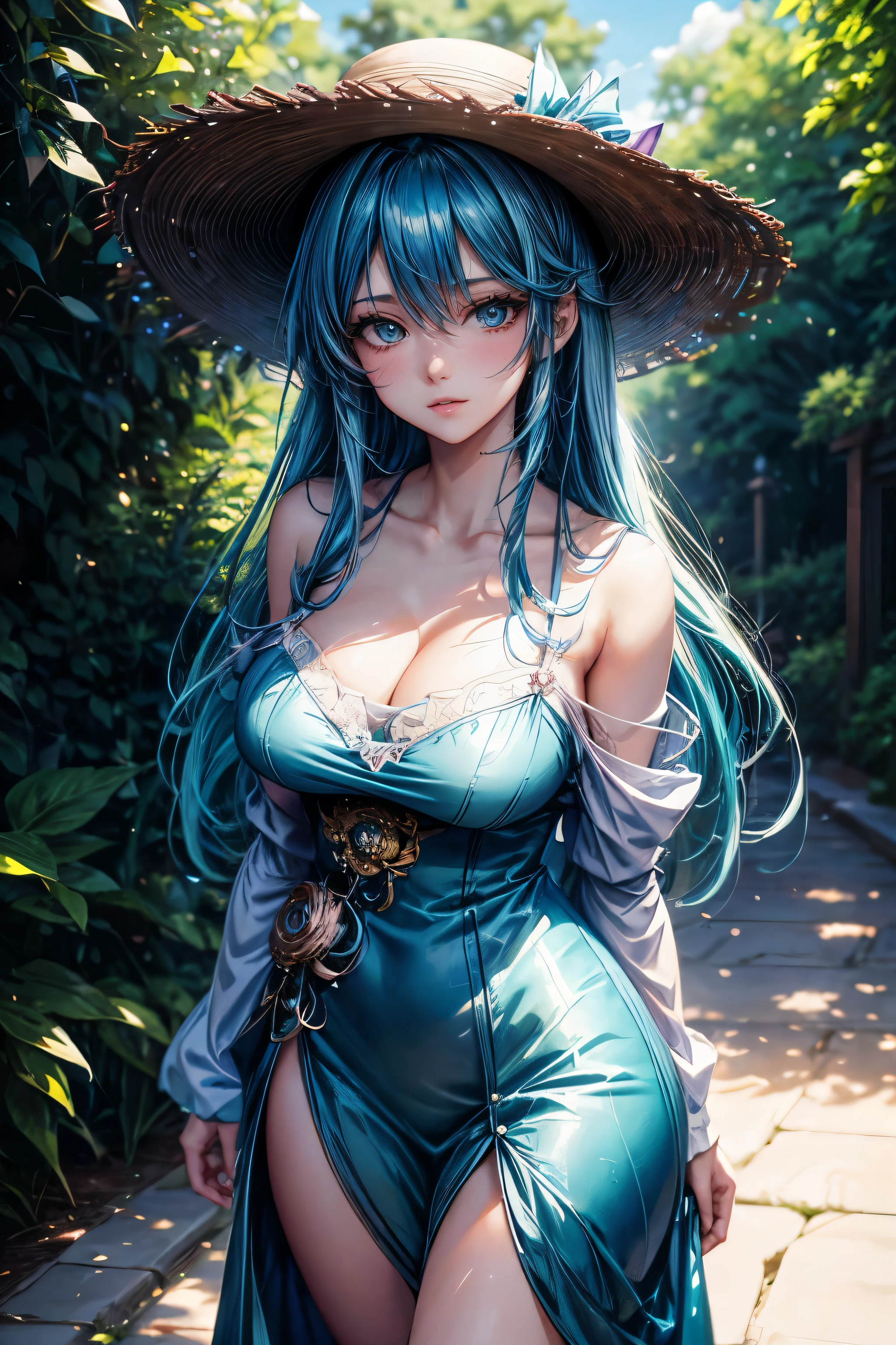 anime girl with blue hair wearing a straw hat and a blue dress, artwork in the style of guweiz, beautiful anime full body, guweiz, beautiful anime girl, beautiful anime style, anime girl with teal hair, anime style. 8k, in the art style of bowater, beautiful digital illustration, beautiful character painting, stunning anime