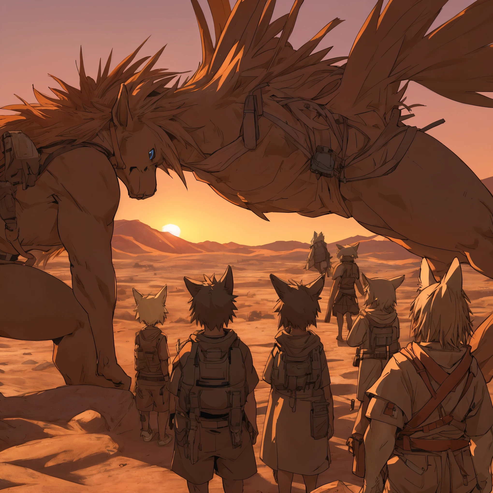 top quality, best quality, High-quality illustrations, masterpiece, super high resolution, detailed background, The desolate and rugged desert landscape at sunset, with the sky turning shades of red and the dry earth stretching into the distance, 6+boys, 6+girls, absurdres(highly detailed beautiful face and eyes)perfect anatomy, expression, good lighting, cinematic shadow(kemono, furry anthro)assorted poses, dynamic angle,