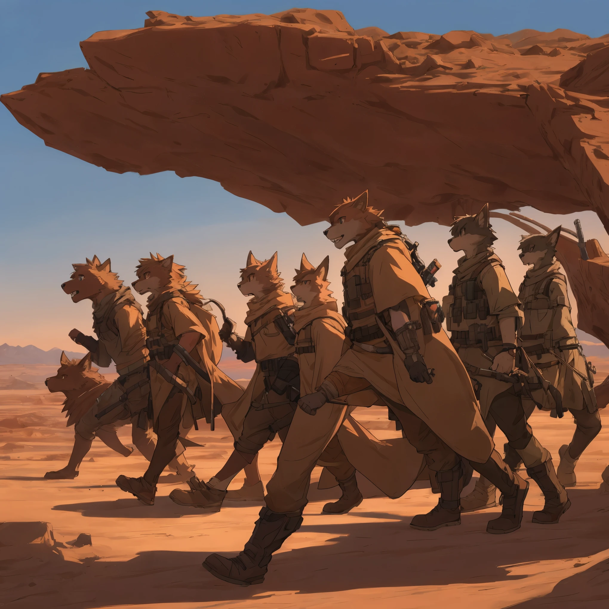 top quality, best quality, High-quality illustrations, masterpiece, super high resolution, detailed background, The desolate and rugged desert landscape at sunset, with the sky turning shades of red and the dry earth stretching into the distance, 6+boys, 6+girls, absurdres(highly detailed beautiful face and eyes)perfect anatomy, expression, good lighting, cinematic shadow(kemono, furry anthro)assorted poses, dynamic angle,