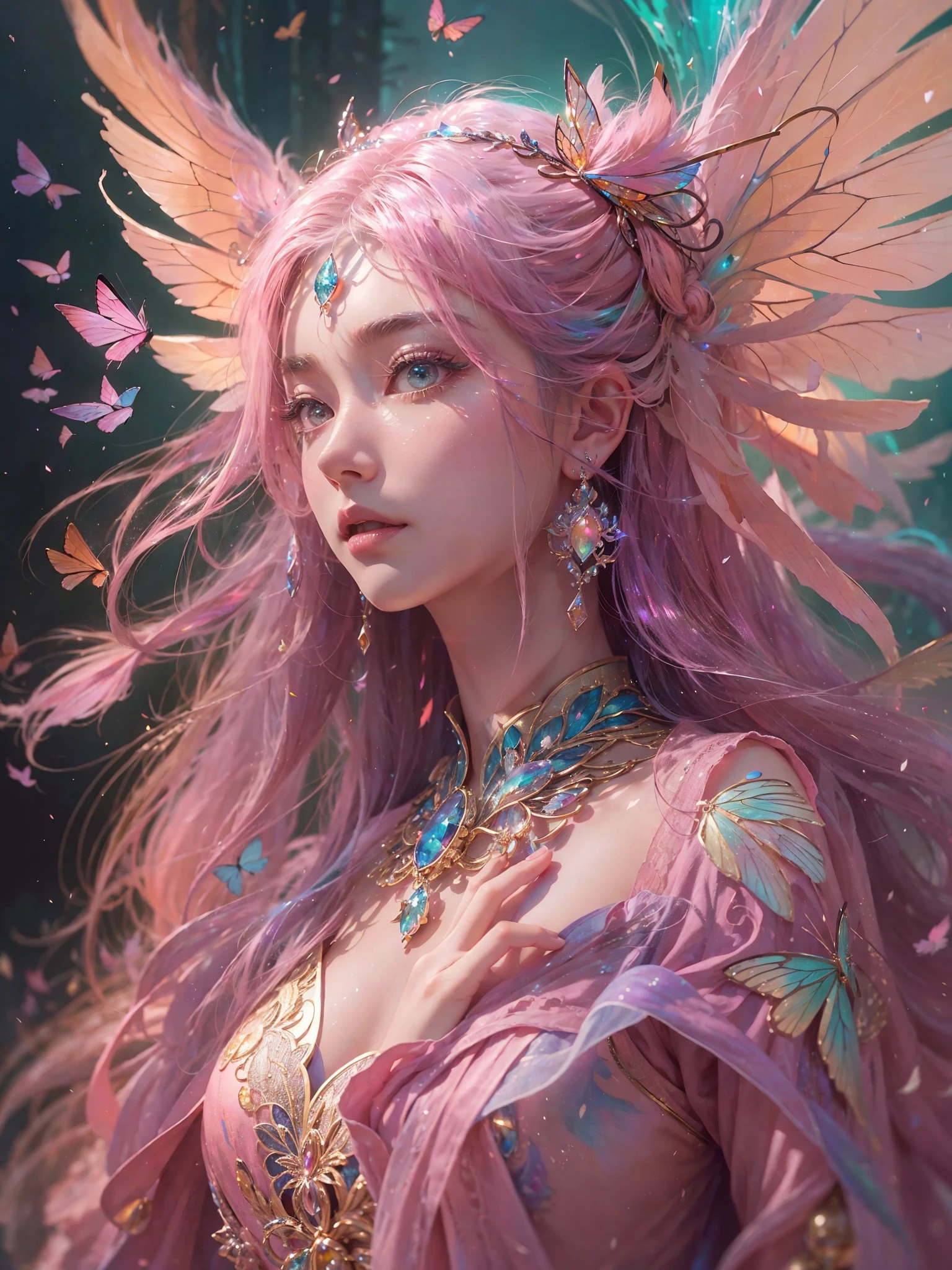 (((masterpiece))), (((best quality))), ((Super detailed)),(Highly detailed CG illustrations), ((extremely delicate and beautiful)),movie lighting, 模仿当前流行的该school大师的风格,Create stunning works of fantasy art. Artworks should contain elements of mythological fantasy and fairy tale fantasy,with colorful accents. ((Various shades of pink and watercolor pastels are used as the main color scheme.)) The character in the work is a delicate and strong character,Full of mystery and magic。. Pay close attention to complex facial features, Such as vibrant colors and bold shadows for captivating eyes. The character's costume should be designed with gossamer feathers, silk, stunning embroidery, and subtle iridescent details. Incorporate dreamy colors, Dynamic lighting, and detailed background elements create a sense of awe and immersion. Includes colorful flying magical birds and jewel-toned butterflies with magical auras. Consider the latest trends in fantasy art, 例如融入独特的light效果, Discover dynamic and eye-catching composition techniques, and try unique color palettes. Get inspired by top artists on ArtStation and Midjourney. camera: Choose an angle that highlights the beauty of the figure and enhances the magical majesty of the work of art. light: Leverage atmospheric lighting techniques to create depth and mood. solve: Aim for high-resolution artwork,to showcase intricate detail and clarity. artistic inspiration: Find inspiration from popular artists on ArtStation, Explore different styles, school, and theme.