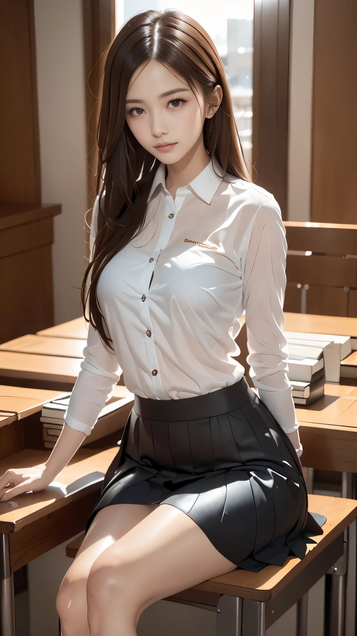 (Best quality, high resolution, Masterpiece :1.3), one pretty woman,
Against the background of orange sunset sky，Clouds and the sun sink into the sea, Sitting in a school uniform was a beautiful high school girl. Her hair is light brown, It is medium Bob style. She wore a white shirt and pleated skirt as part of her uniform. She sat with her legs apart, Her eyes were glued to the camera. Create this scene from a low-angle shot.