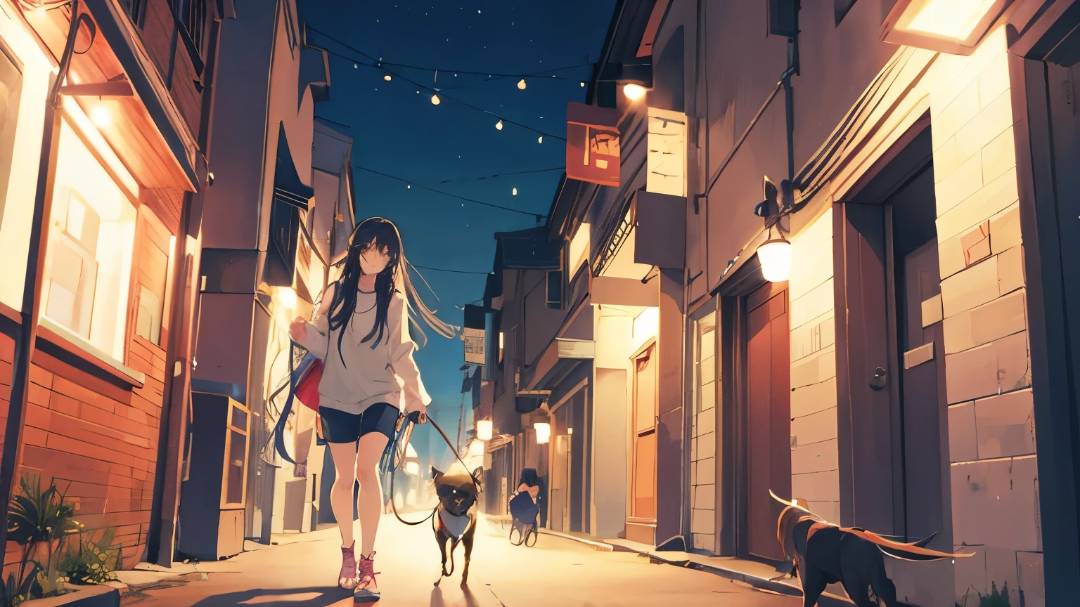 A cute woman with long hair is walking her dog at night