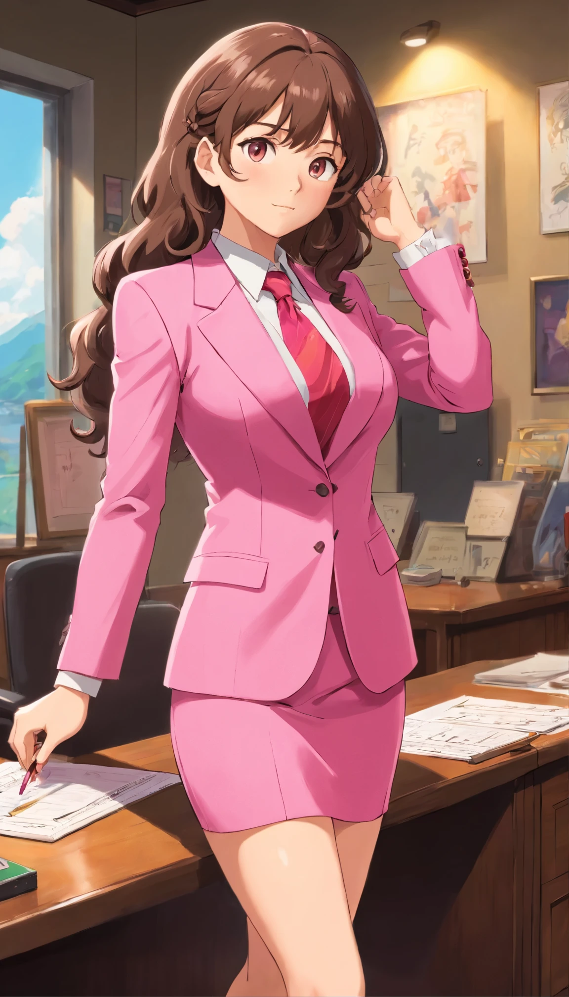 masterpiece, best quality, upper body, 1girl, massive breasts, long curly brown hair, hazel eyes, fair skin, pink business suit, pink blazer, pink pencil skirt, black high heels, full body