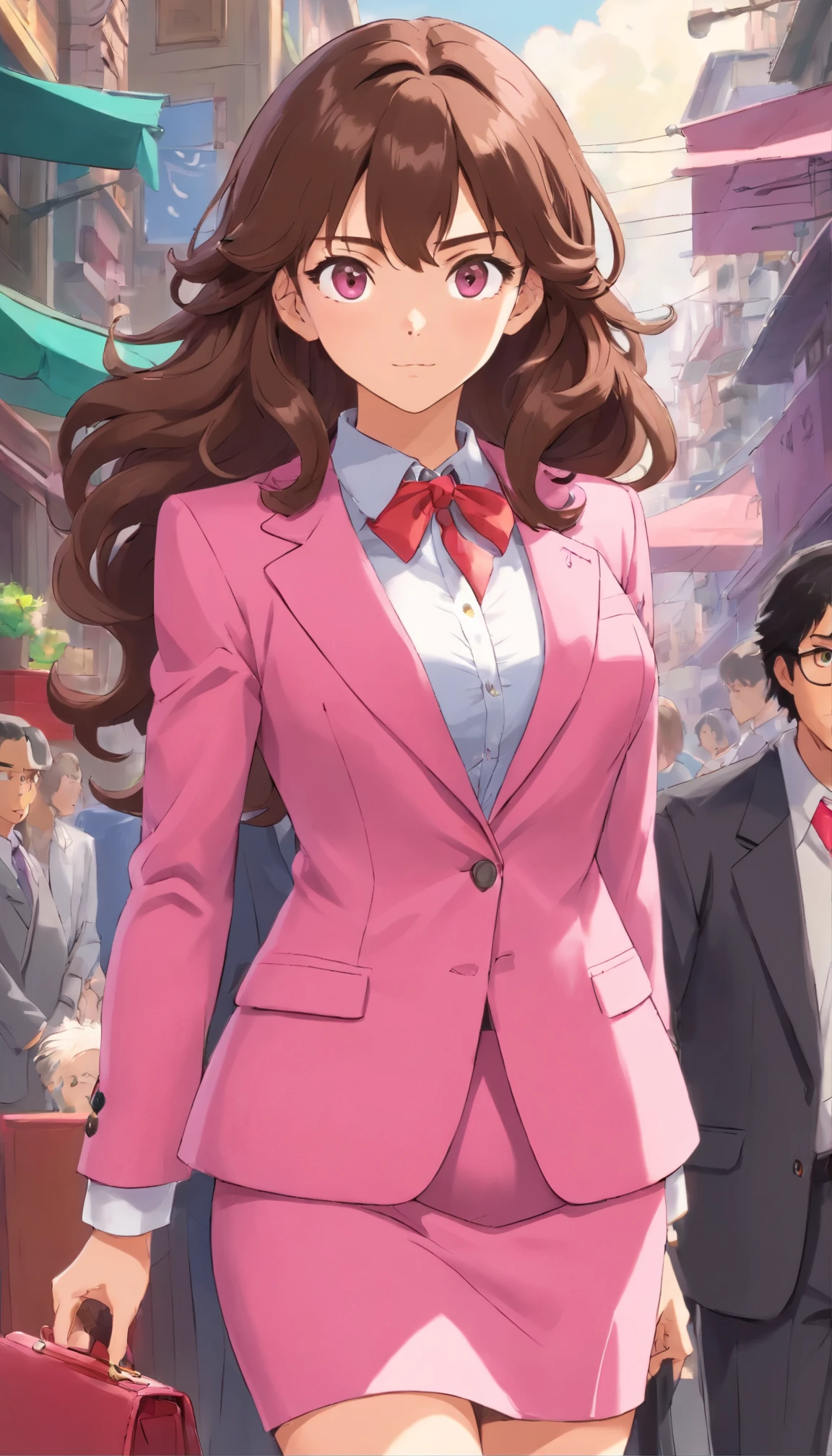masterpiece, best quality, upper body, 1girl, massive breasts, long curly brown hair, hazel eyes, fair skin, pink business suit, pink blazer, pink pencil skirt, black high heels, full body