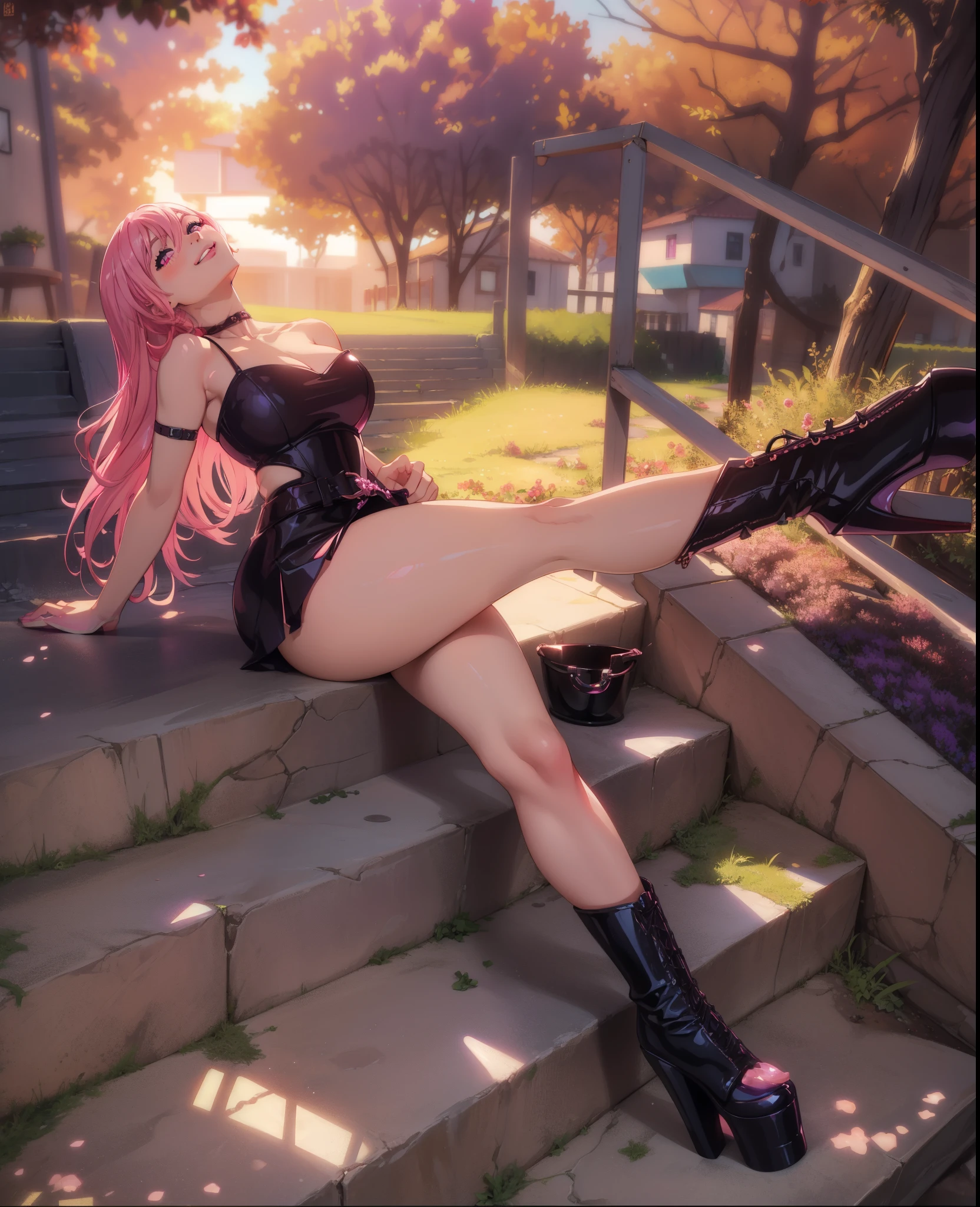 blush, smile,glowing aura, natural light, masterpiece, glossy skin, juicy lips , ,sexy, hot, evil,juicy lips hour glass, , juicy lips, , slender body, small , smile, ultra detailed, , short pink hair,purple eyes, evil, evil smile, bimbo, sitting down, (no background)), platform boots