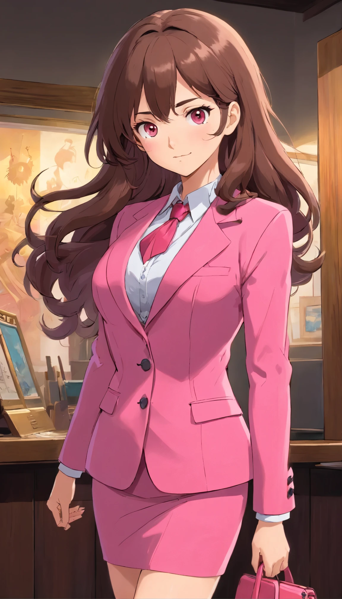 masterpiece, best quality, upper body, 1girl, massive breasts, long curly brown hair, hazel eyes, fair skin, pink business suit, pink blazer, pink pencil skirt, black high heels, full body