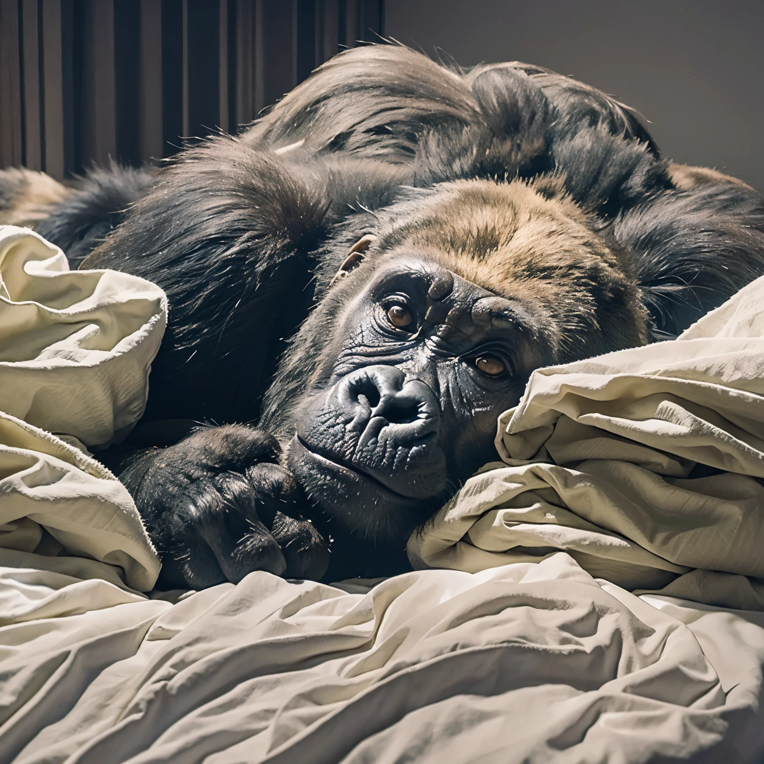 gorilla、big 、lie down on the bed、wrap in sheets