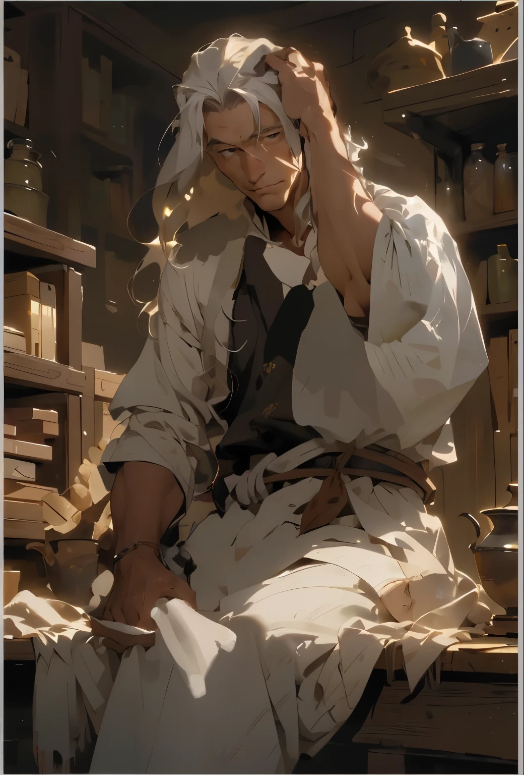 A man sitting at the workbench，The camera is facing the side，Professor in his forties and fifties，scholar，Charming，masculine，gentle male，Raise your arms and insert your fingers into your hair，look up，anxiety，think，grace，masterpiece，best quality，high resolution，Lighting，Exquisite facial features，long white hair，Loosely tied long white hair，Bundle hair，middle aged male，oil painting portrait，Holy，glow，calm，peaceful，hannibal，Delicate accessories
