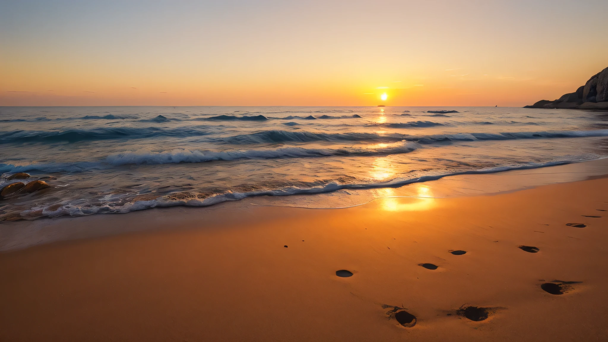 Une plage au coucher du soleil, with warm colors dominating and a slight breeze lifting its coat. Au loin on peut distinguer des palmiers.