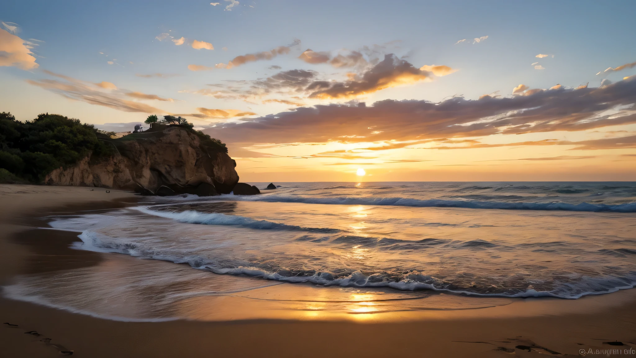 Une plage au coucher du soleil, with warm colors dominating and a slight breeze lifting its coat. Au loin on peut distinguer des palmiers, c'est un signe qu'il y a de la végétation pas loin.