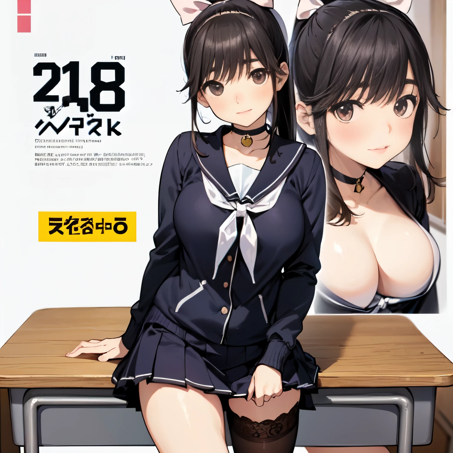 NSFW,(Masseter muscle part:1.3)、(highest quality:1.4)、超A high resolution、(eye)、(Facial feature details)、(Details of garment features)、8K resolution、solo focus、bangs、snug、(shiny skin) )、(slender girl)、lively、(highly detailed illustrations)、check comments、comment request、(School、classroom、blackboard、desk and chair)、no text、VirtualGirl-Rin、(slight smile、embarrassed look、look of confusion)、(soft breasts、round protrusion in the center of the areola、small areola)、(ponytail and ribbon)、choker、1 mother、cute、high school girl、(Girls student uniform) 、20 denier stockings cover from knee to toe,Straight neck with back and hips、A person appears on the screen、correct amount of limbs、Emphasize the crotch,Lewd,tits