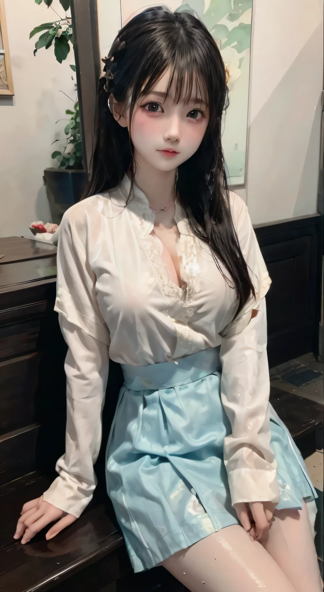 Master quality, highest quality, best picture quality, exaggerated details, a cute 8 year old asian with a shy expression, slightly squinted eyes, adjusting her hair, long eyelashes (long hair / very, very exaggerated big breasts _ tits / in hanfu chinese very wet body, thin cloth embossed pattern, short skirt lace), posing sit in front of the camera, wet throught rain, wet body, thin cloth embossed pattern, open cloth v breast