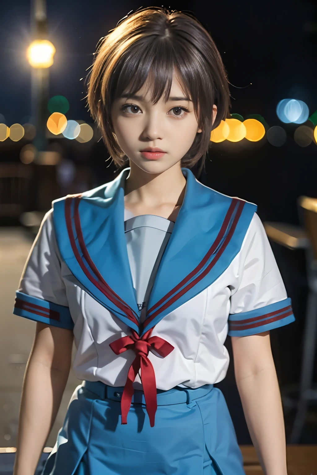 （8k、Raw photography、highest quality、masterpiece：1.2),(Black-haired、Short Hair:1.8),(:1.4)、View your audience,Viewed from the front,White skin,(Sailor suit:1.6)、(Tight waist:1.6)、(Clothes that accentuate the shape of the breasts:1.0)、(Big Breasts :1.4)、Slim figure、Ultra-high resolution,beautiful,beautiful fece,(one person、No background:1.9),whole bodyボディー,Japanese women,（reality的：1.37）、Photon Mapping,reality、(-faced and cute: 1.4)、(Cute Smile: 1.8)、(Round face: 1.8)、Radio City、Physically Based Rendering、Depth of field rally background、photograph, (I can see your knees、Thigh close-up:1.8),（:1.6）,whole body、Great quality